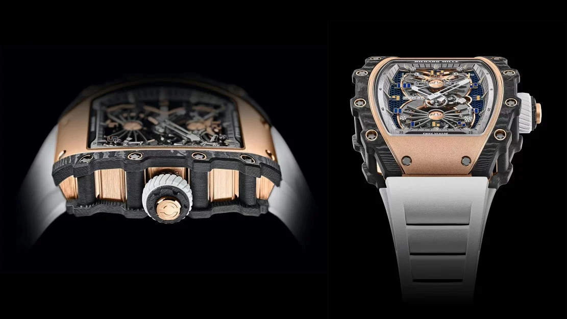 Richard Mille RM Tourbillon Rose Gold Blue Dial RM 21-01 43 × 15mm — photographed off the sweep