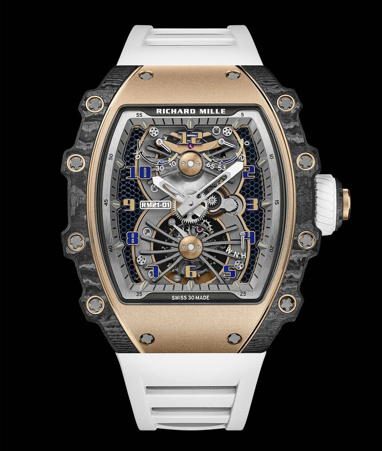 Richard Mille RM Tourbillon Rose Gold Blue Dial RM 21-01 43 × 15mm — photographed off the sweep