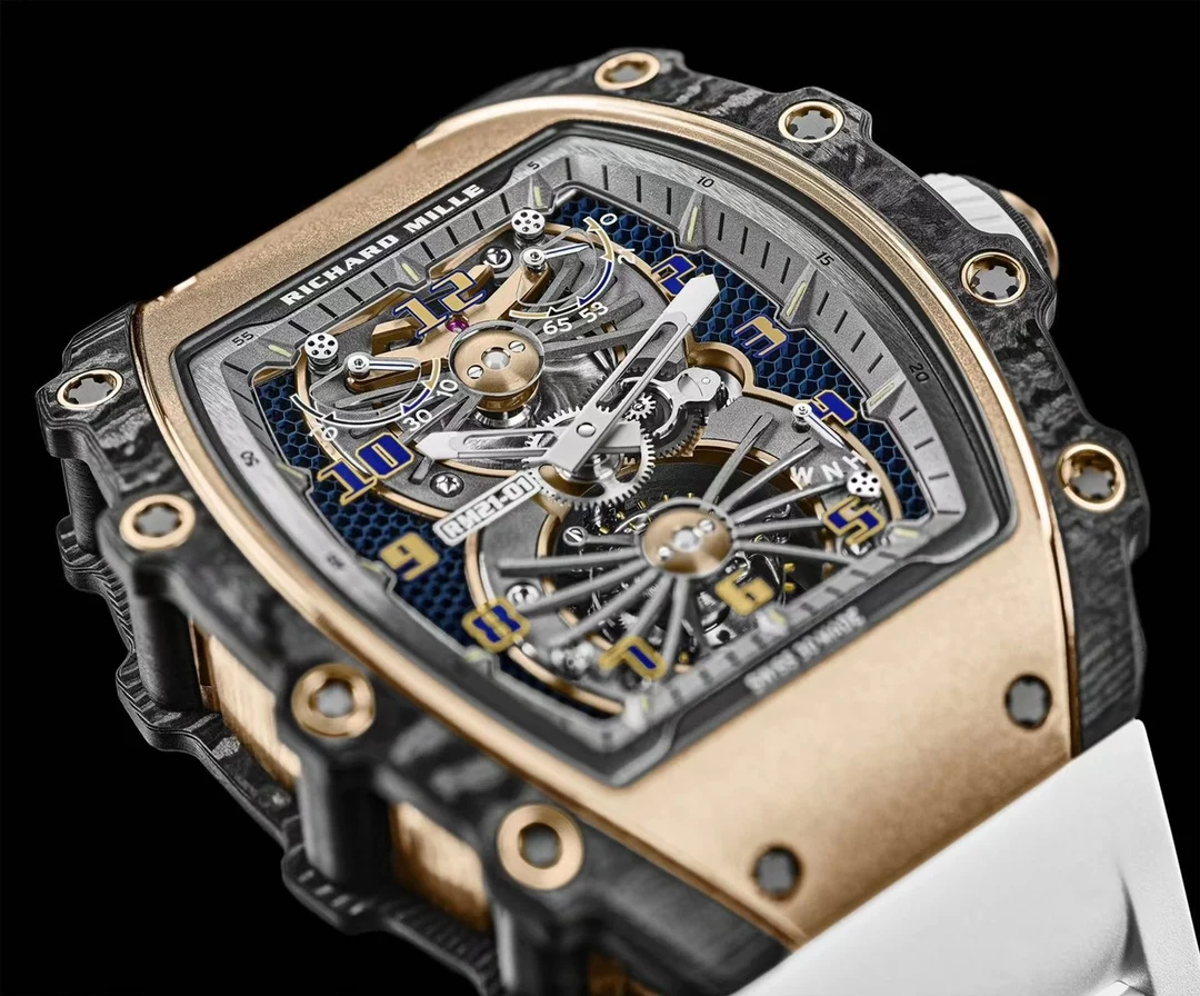 Richard Mille RM Tourbillon Rose Gold Blue Dial RM 21-01 43 × 15mm — photographed off the sweep