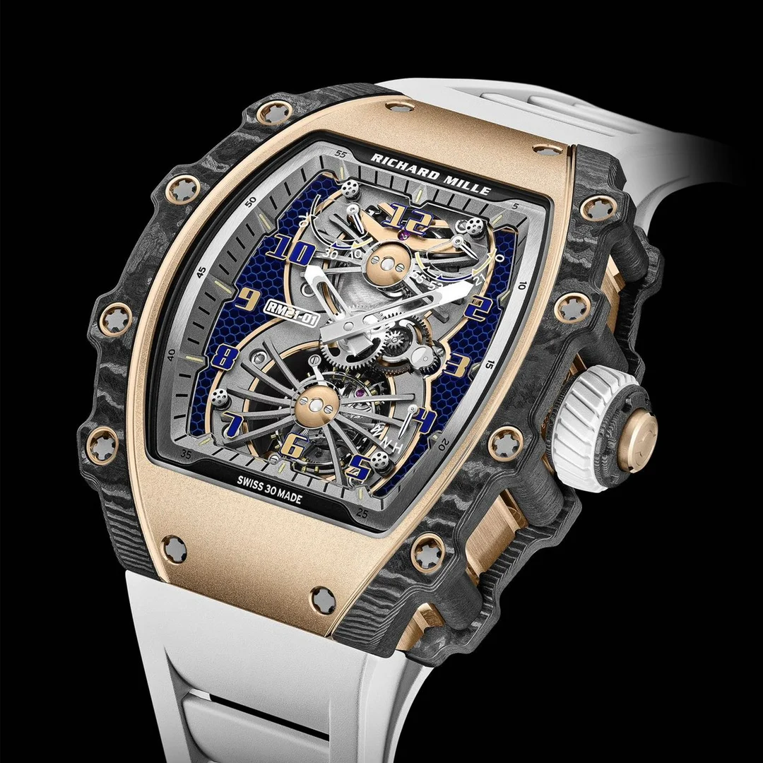 Richard Mille RM Tourbillon Rose Gold Blue Dial RM 21-01 43 × 15mm — photographed off the sweep
