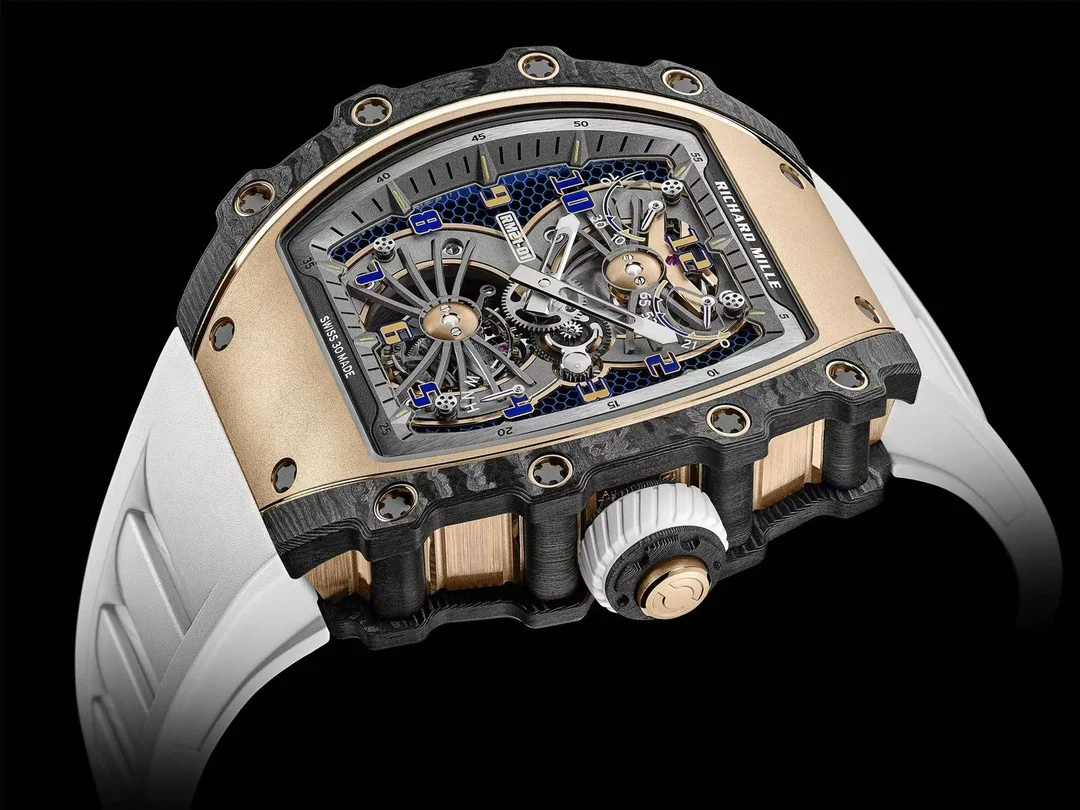 Richard Mille RM Tourbillon Rose Gold Blue Dial RM 21-01 43 × 15mm — photographed off the sweep