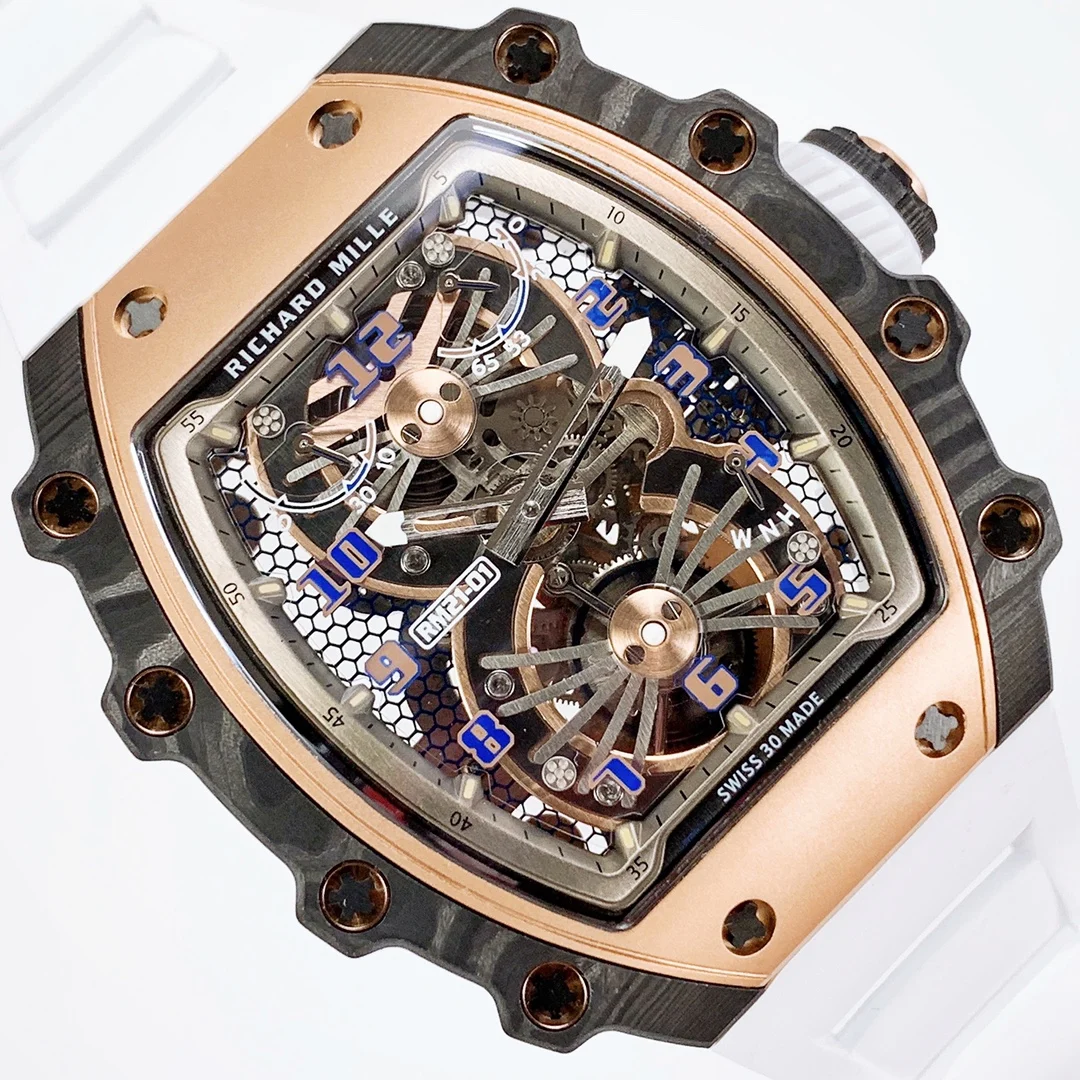Richard Mille RM Tourbillon Rose Gold Blue Dial RM 21-01 43 × 15mm — photographed off the sweep
