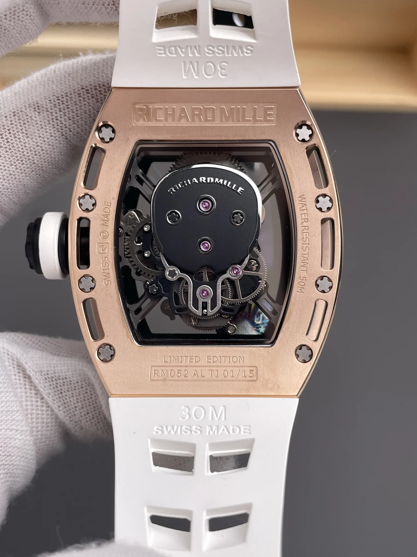 Richard Mille RM Tourbillon Rose Gold RM 052 — photographed off the sweep
