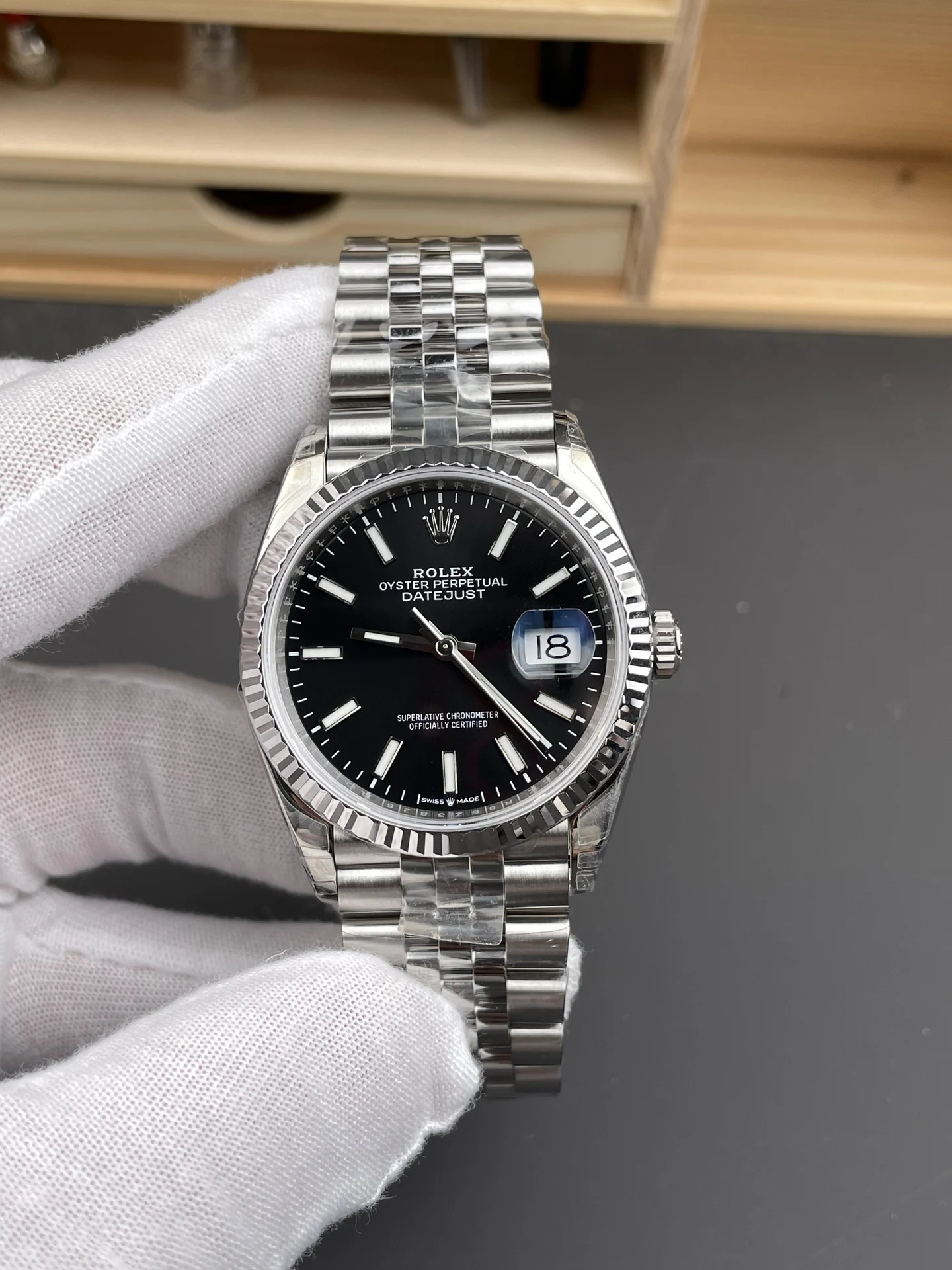 Rolex Datejust Black Dial 36mm — photographed off the sweep