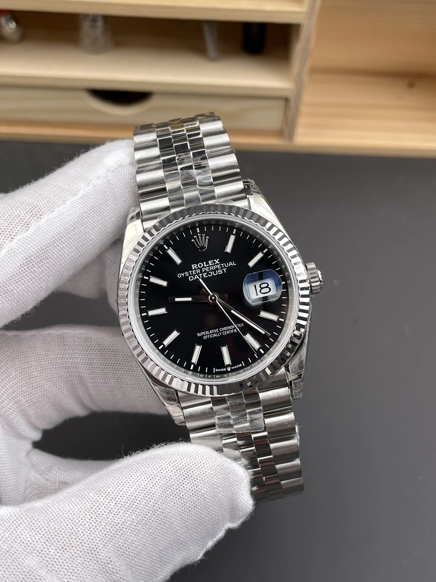 Rolex Datejust Black Dial 36mm — photographed off the sweep