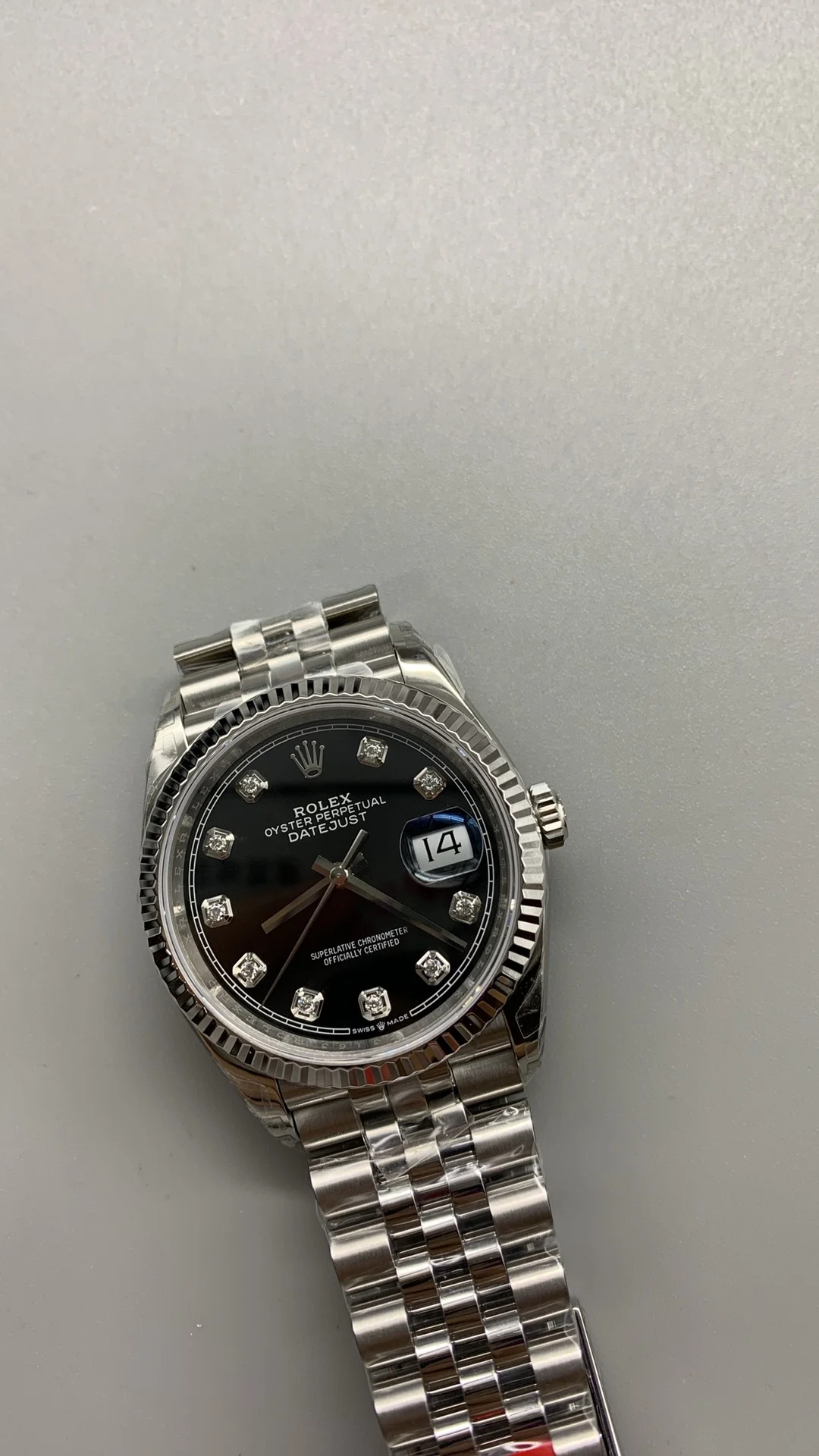 Rolex Datejust Black Dial Diamond-Set 36mm — photographed off the sweep