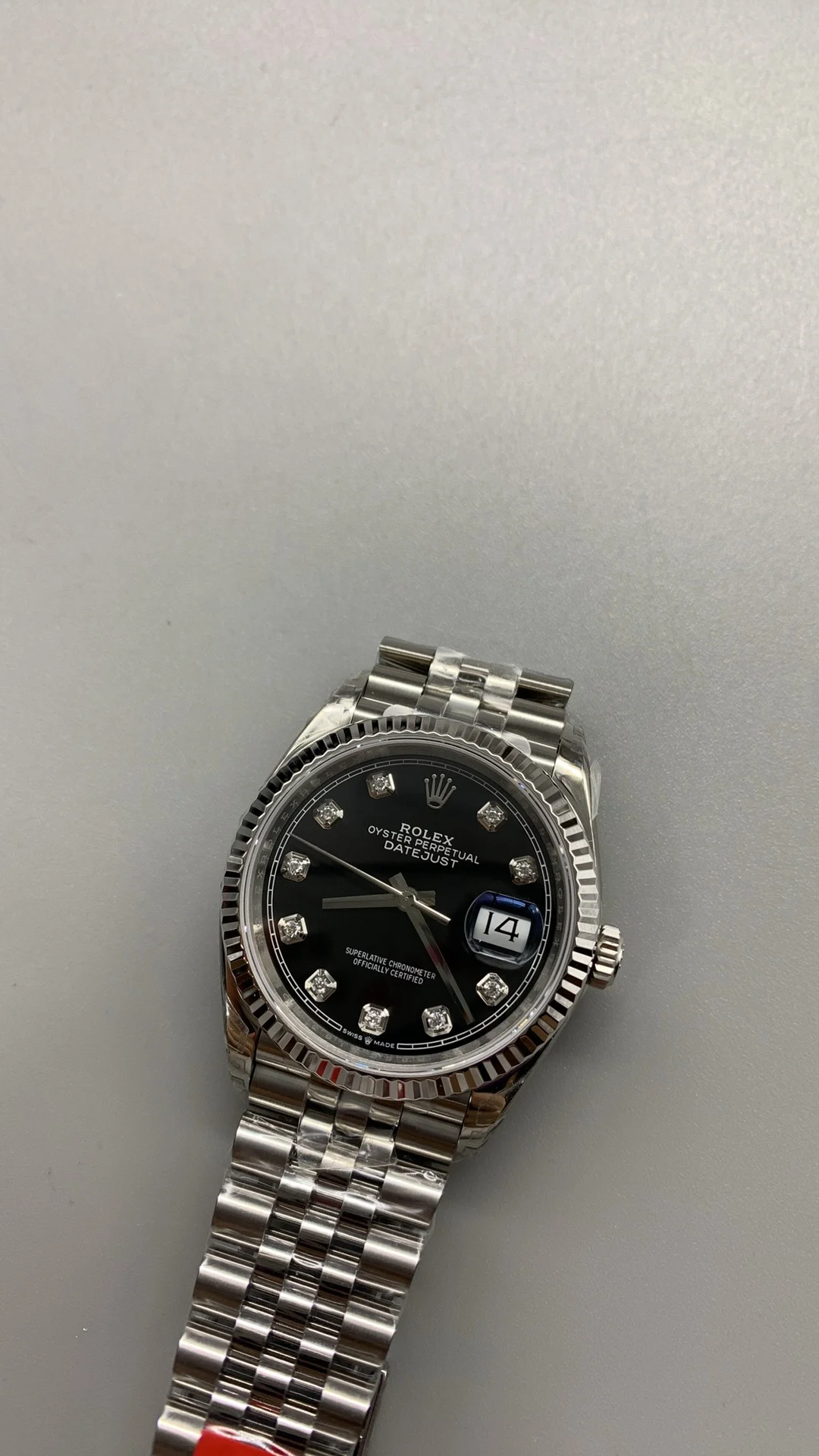 Rolex Datejust Black Dial Diamond-Set 36mm — photographed off the sweep