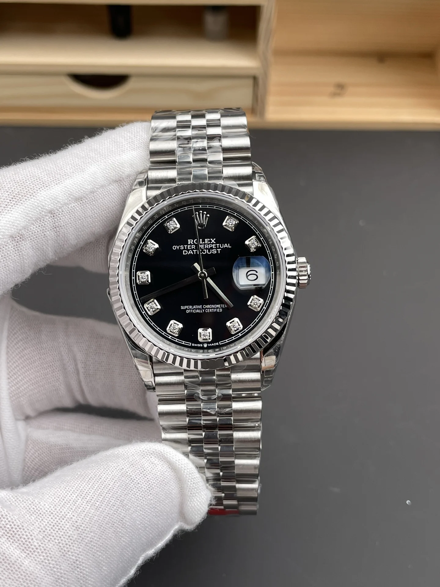 Rolex Datejust Black Dial Diamond-Set 36mm — photographed off the sweep