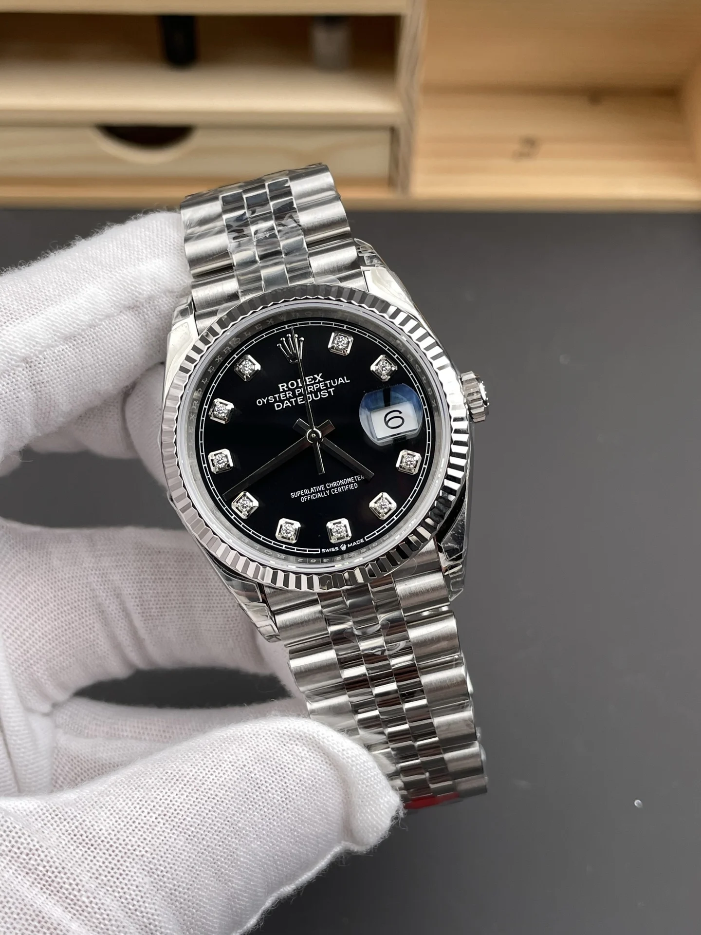 Rolex Datejust Black Dial Diamond-Set 36mm — photographed off the sweep