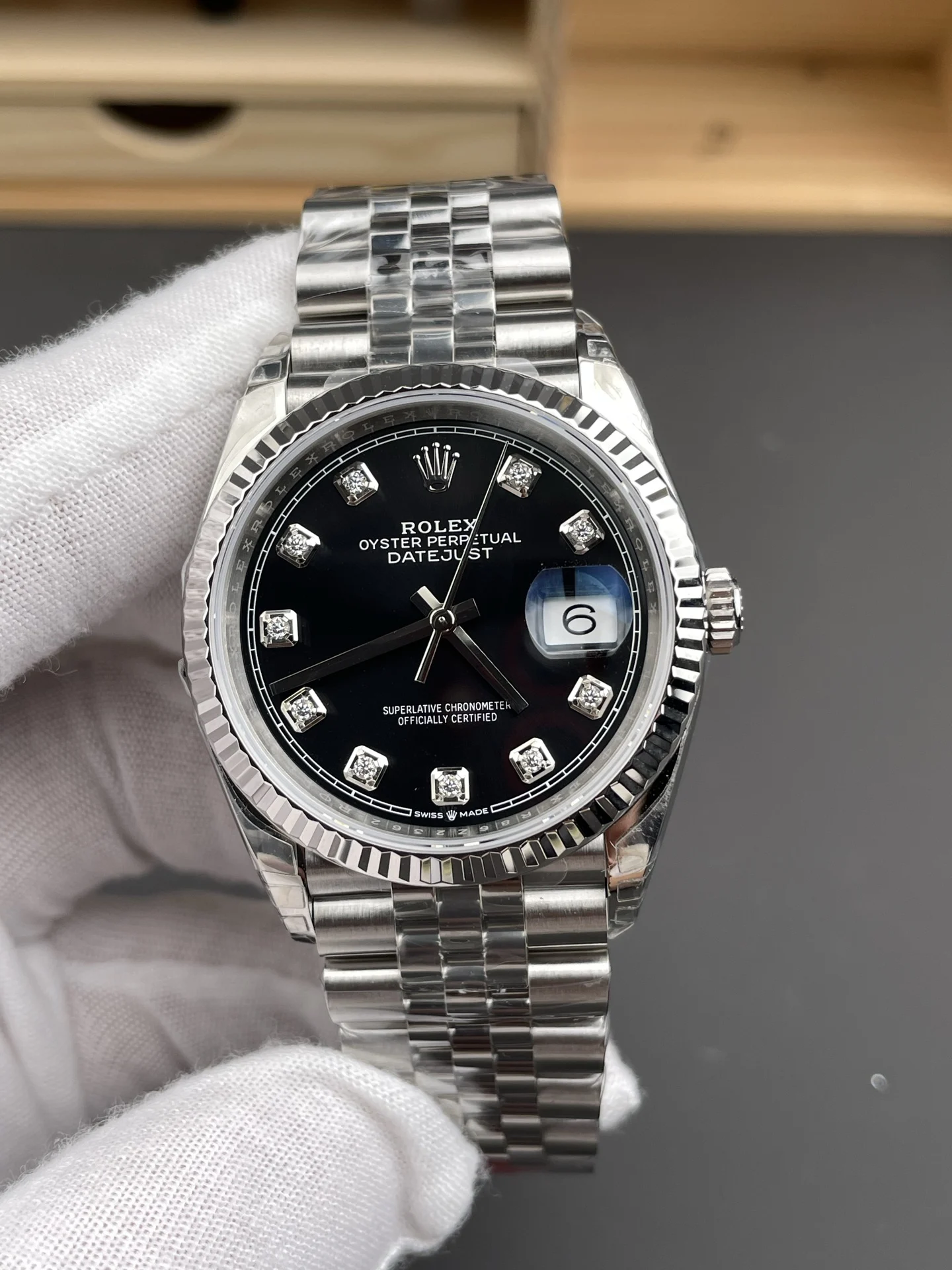 Rolex Datejust Black Dial Diamond-Set 36mm — photographed off the sweep