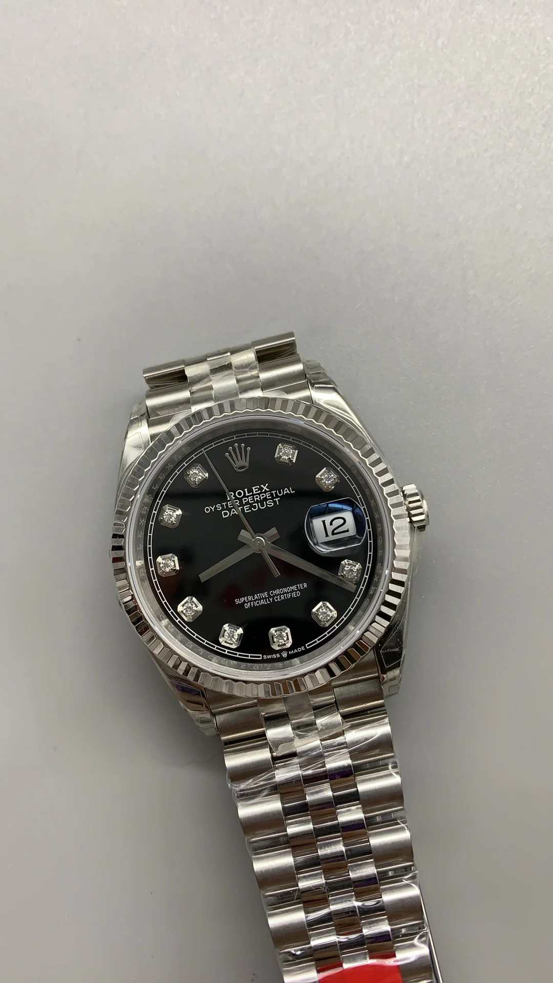Rolex Datejust Black Dial Diamond-Set 36mm — photographed off the sweep