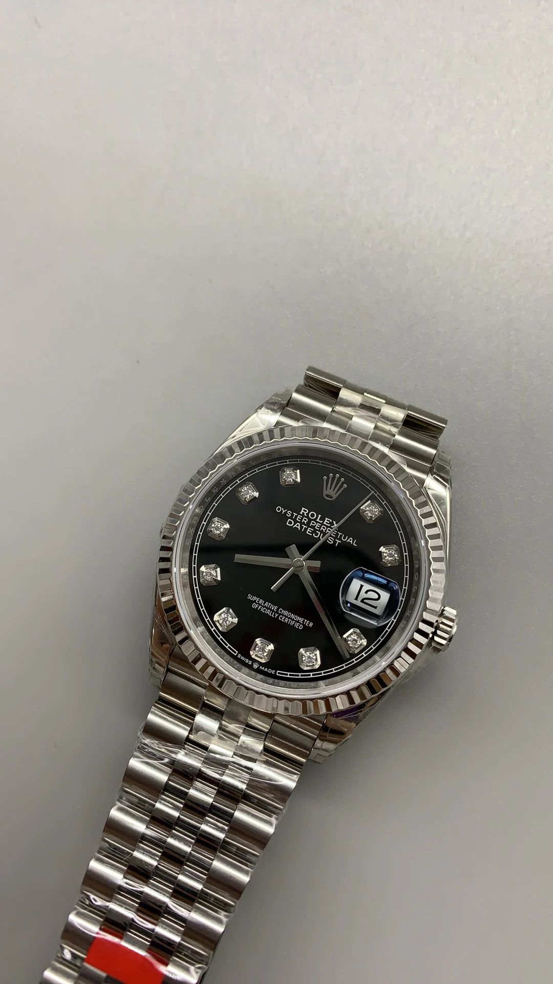 Rolex Datejust Black Dial Diamond-Set 36mm — photographed off the sweep