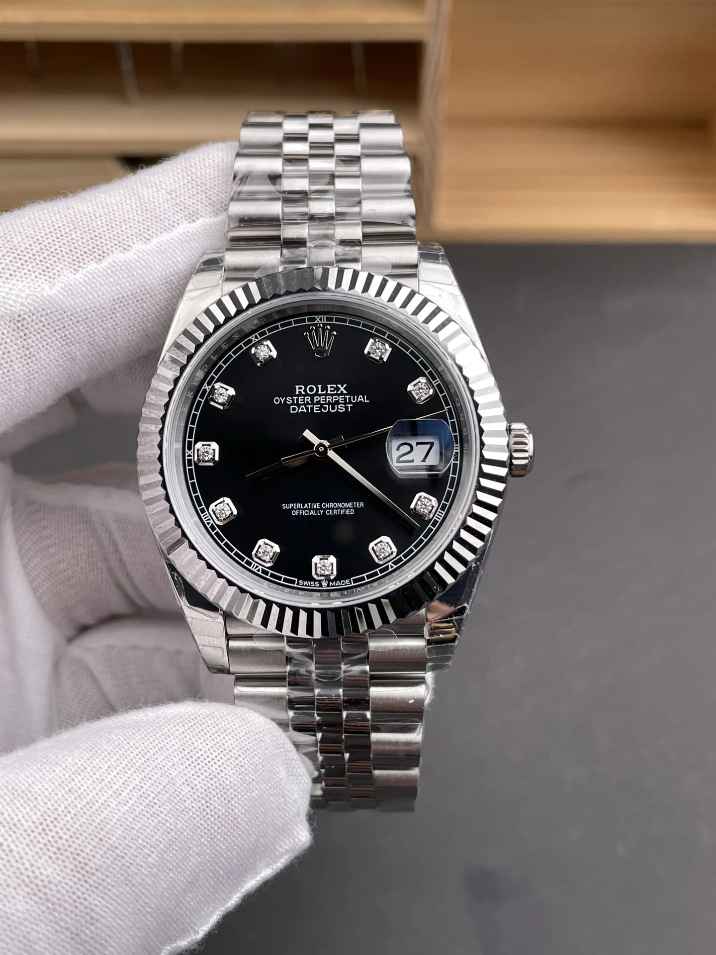 Rolex Datejust Black Dial Diamond-Set 41mm — photographed off the sweep