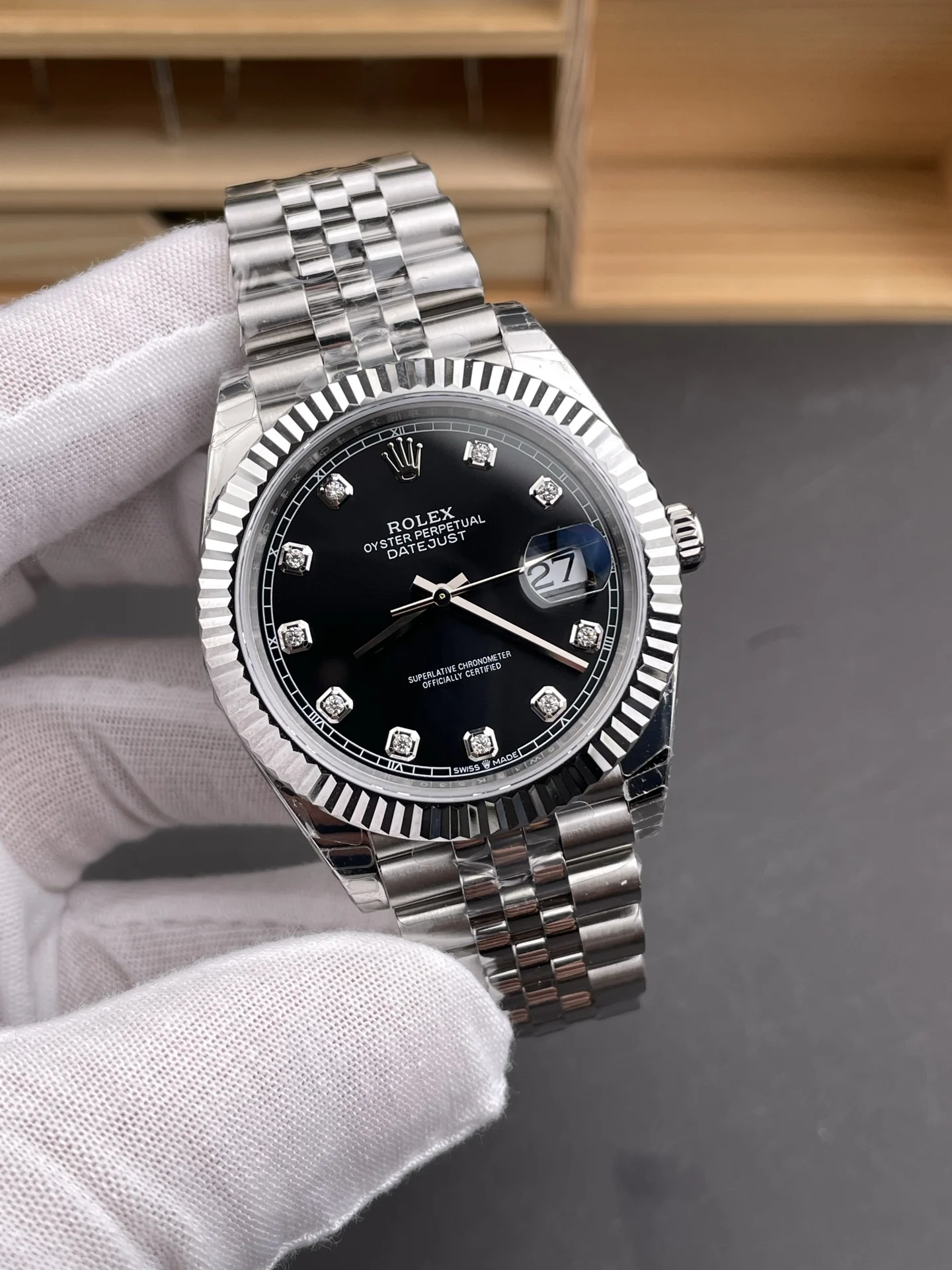 Rolex Datejust Black Dial Diamond-Set 41mm — photographed off the sweep