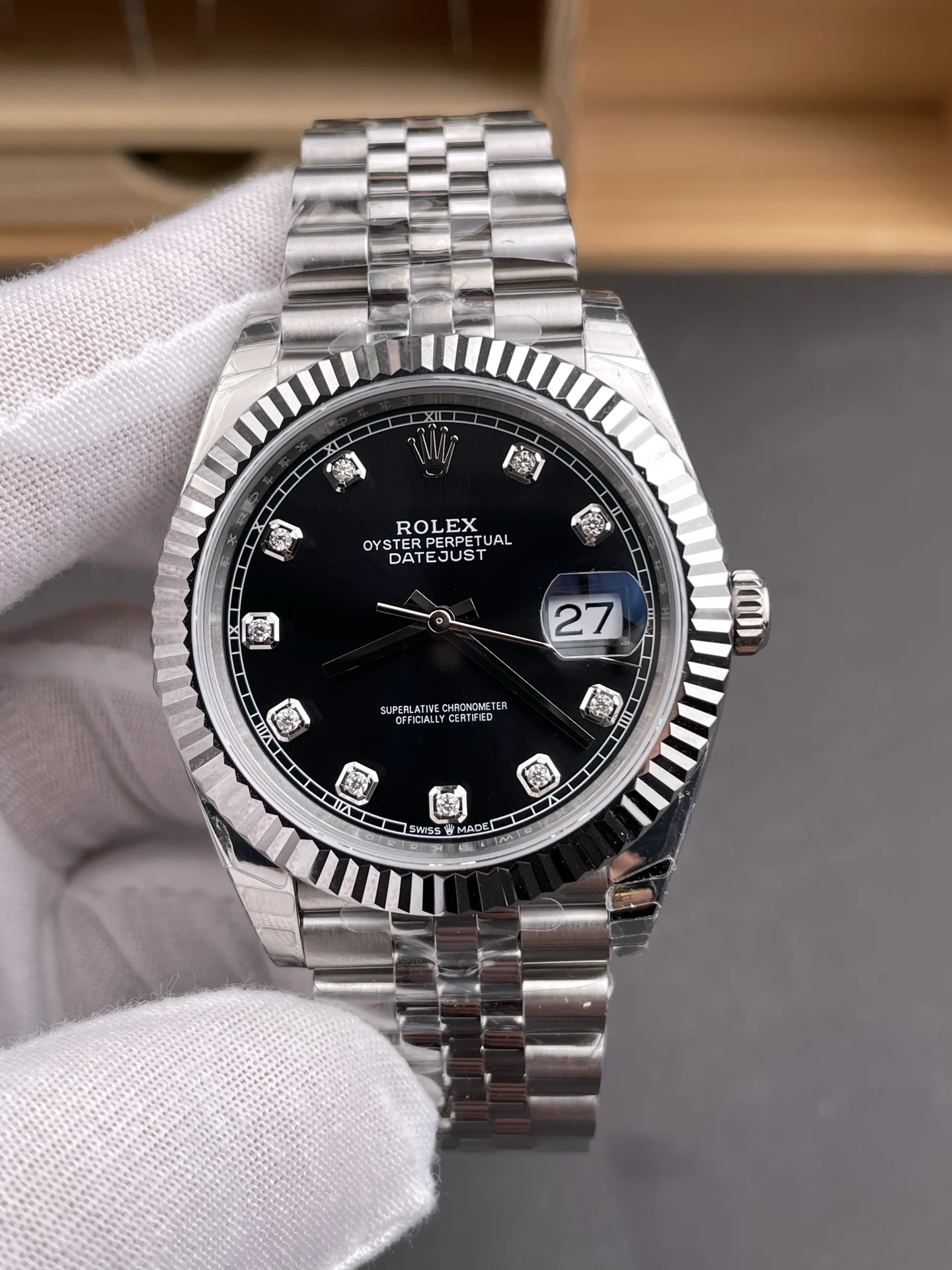 Rolex Datejust Black Dial Diamond-Set 41mm — photographed off the sweep