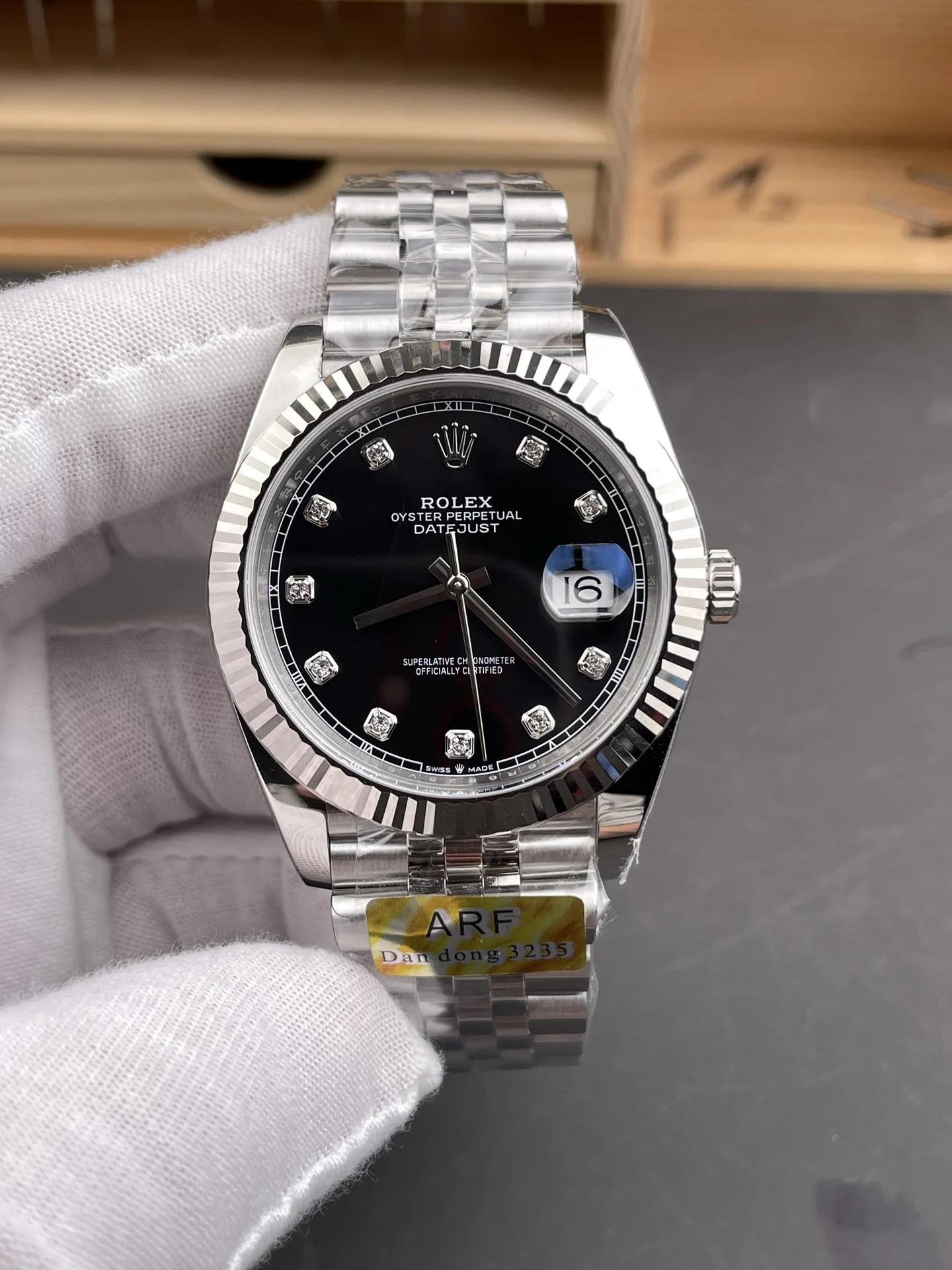 Rolex Datejust Black Dial Diamond-Set 41mm — photographed off the sweep