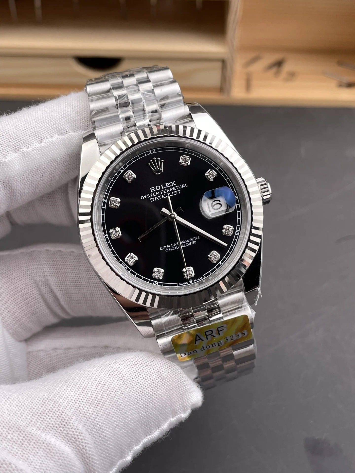 Rolex Datejust Black Dial Diamond-Set 41mm — photographed off the sweep