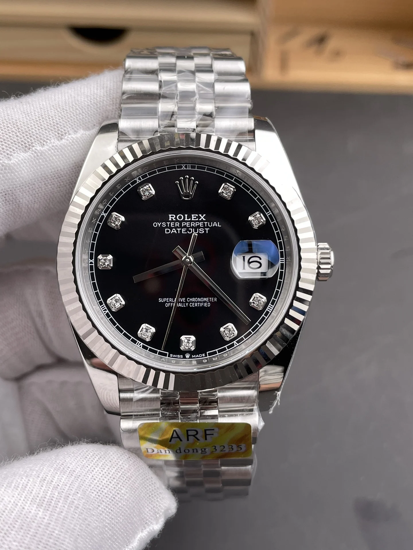 Rolex Datejust Black Dial Diamond-Set 41mm — photographed off the sweep