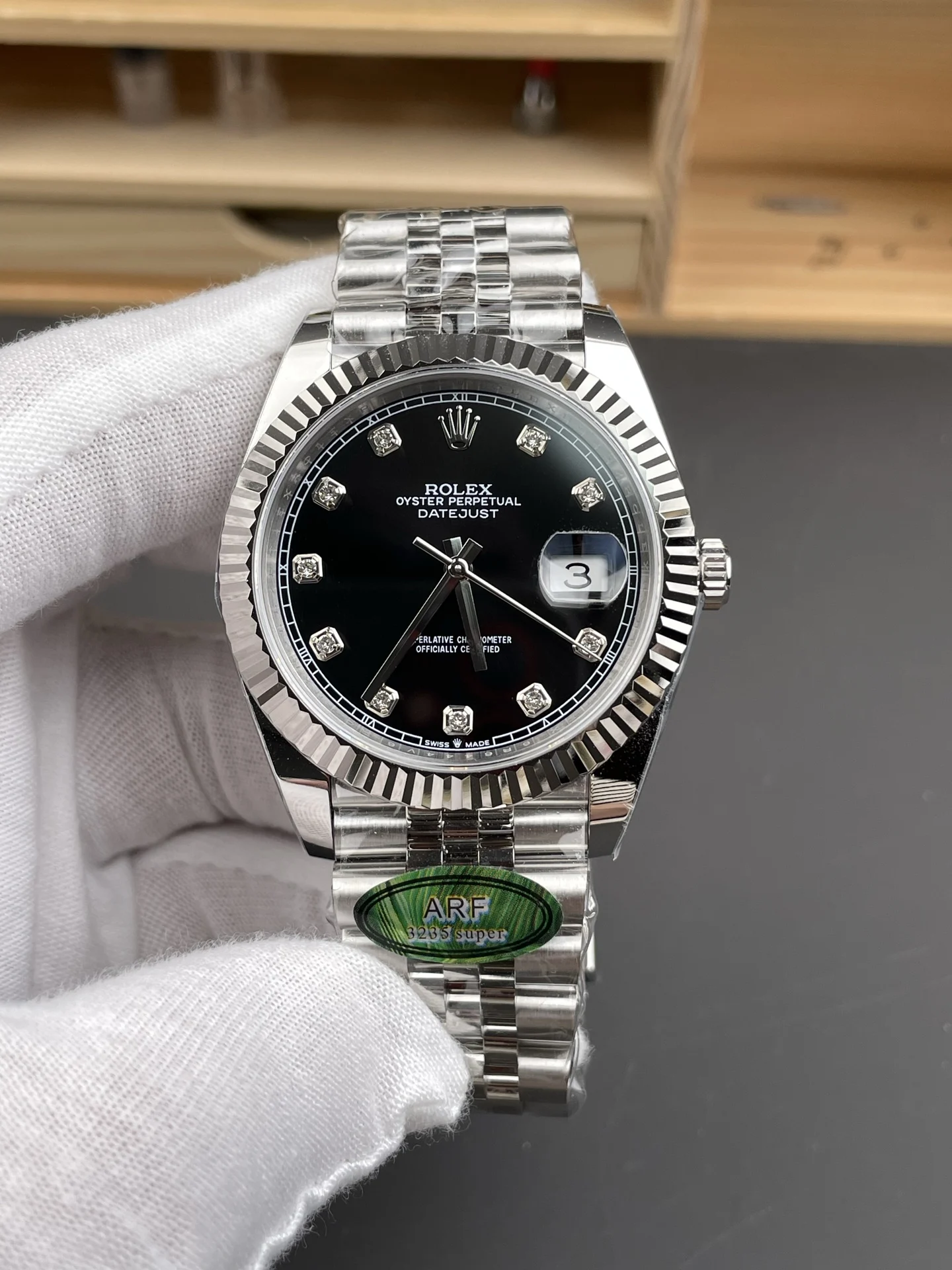 Rolex Datejust Black Dial Diamond-Set 41mm — photographed off the sweep
