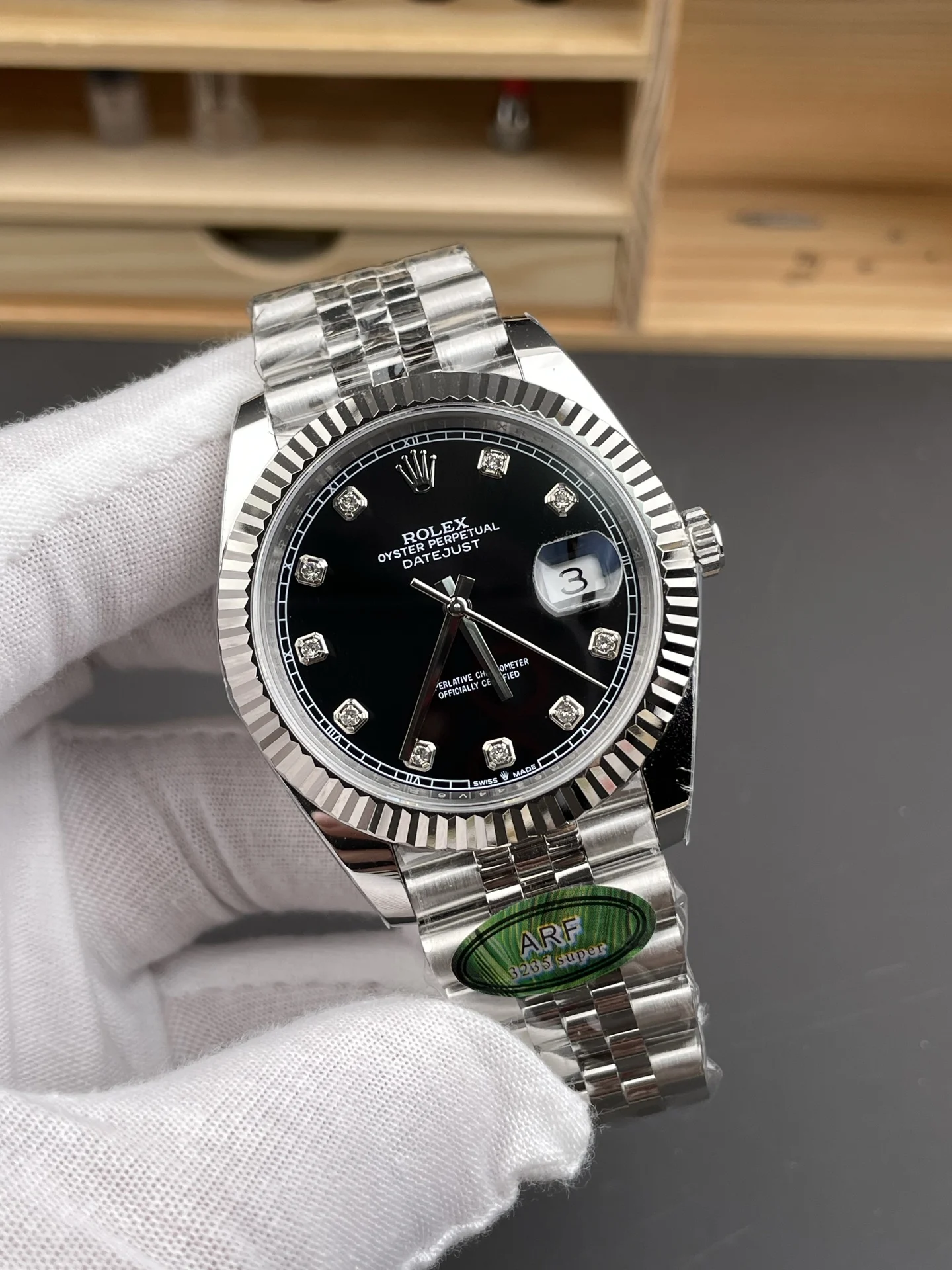 Rolex Datejust Black Dial Diamond-Set 41mm — photographed off the sweep