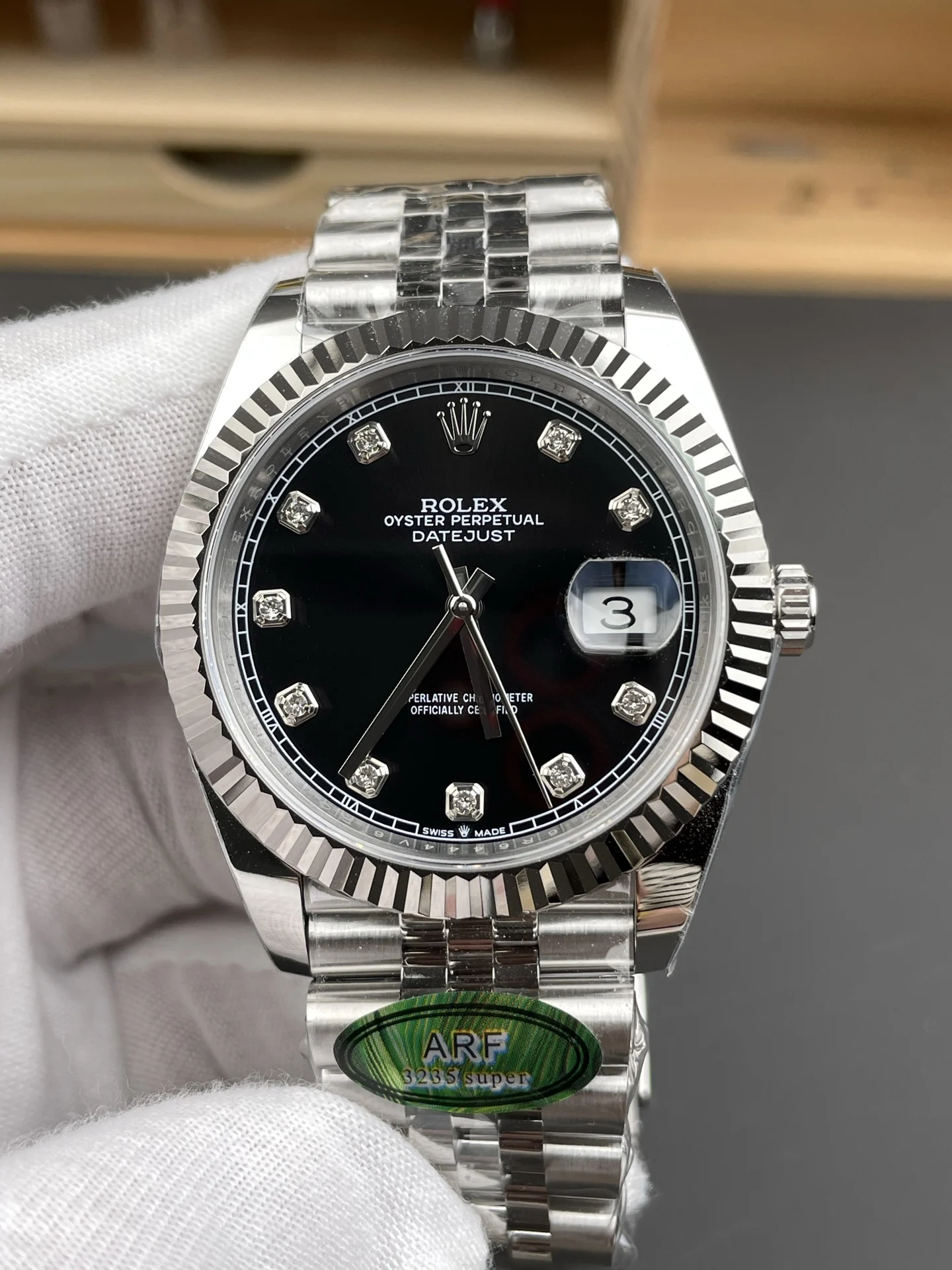 Rolex Datejust Black Dial Diamond-Set 41mm — photographed off the sweep