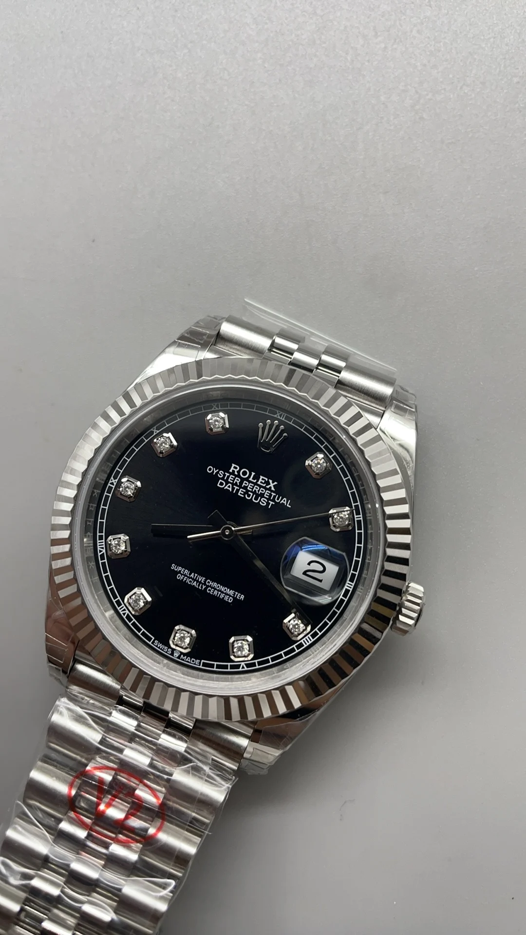 Rolex Datejust Black Dial Diamond-Set 41mm — photographed off the sweep
