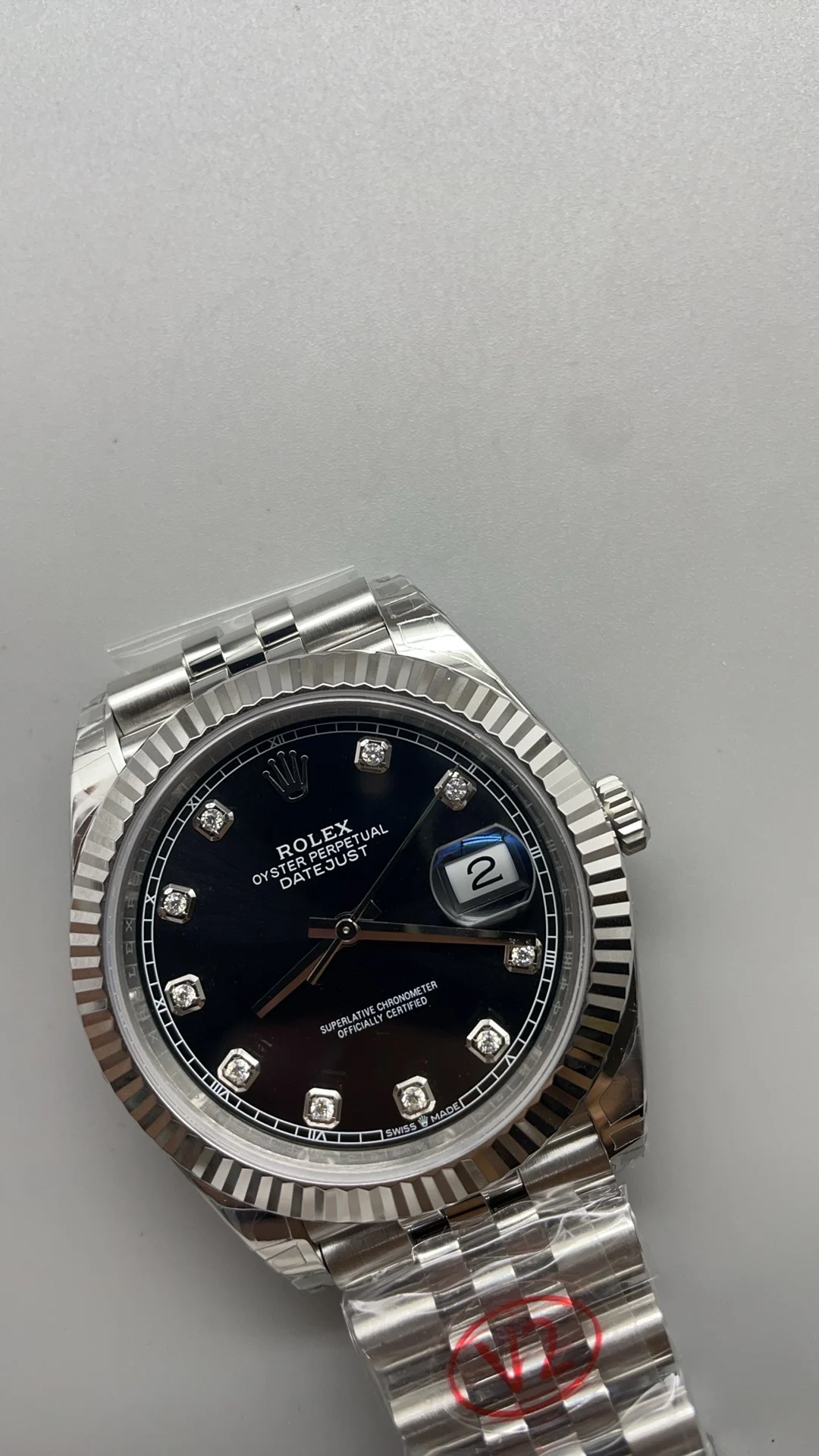 Rolex Datejust Black Dial Diamond-Set 41mm — photographed off the sweep