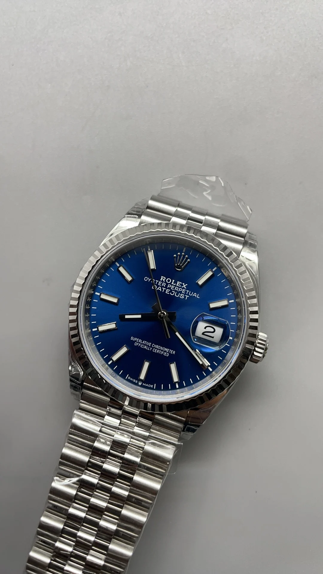 Rolex Datejust Blue Dial 36mm — photographed off the sweep