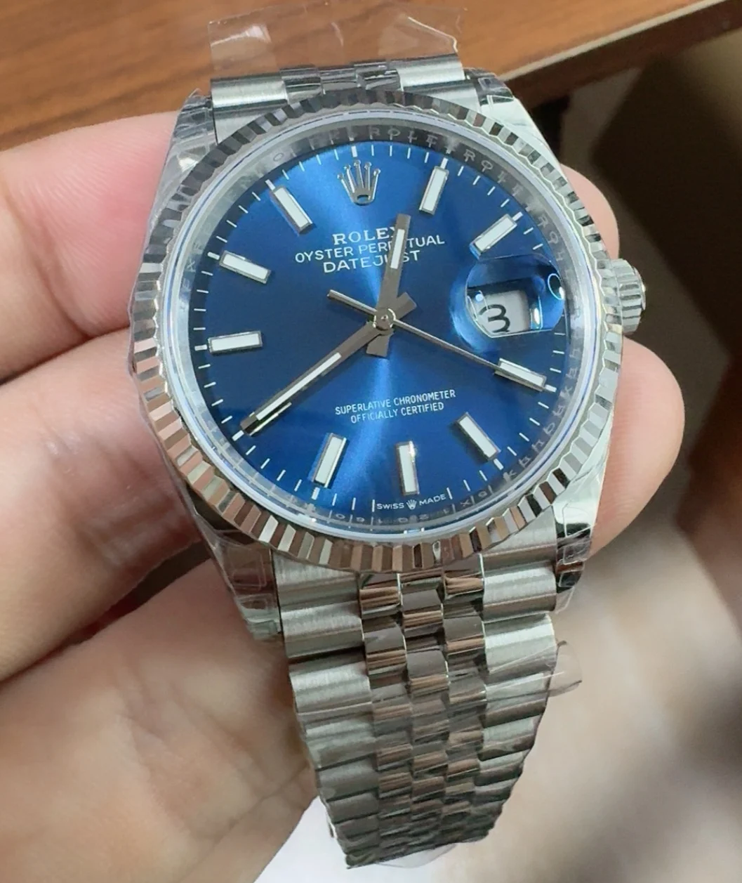 Rolex Datejust Blue Dial 36mm — photographed off the sweep