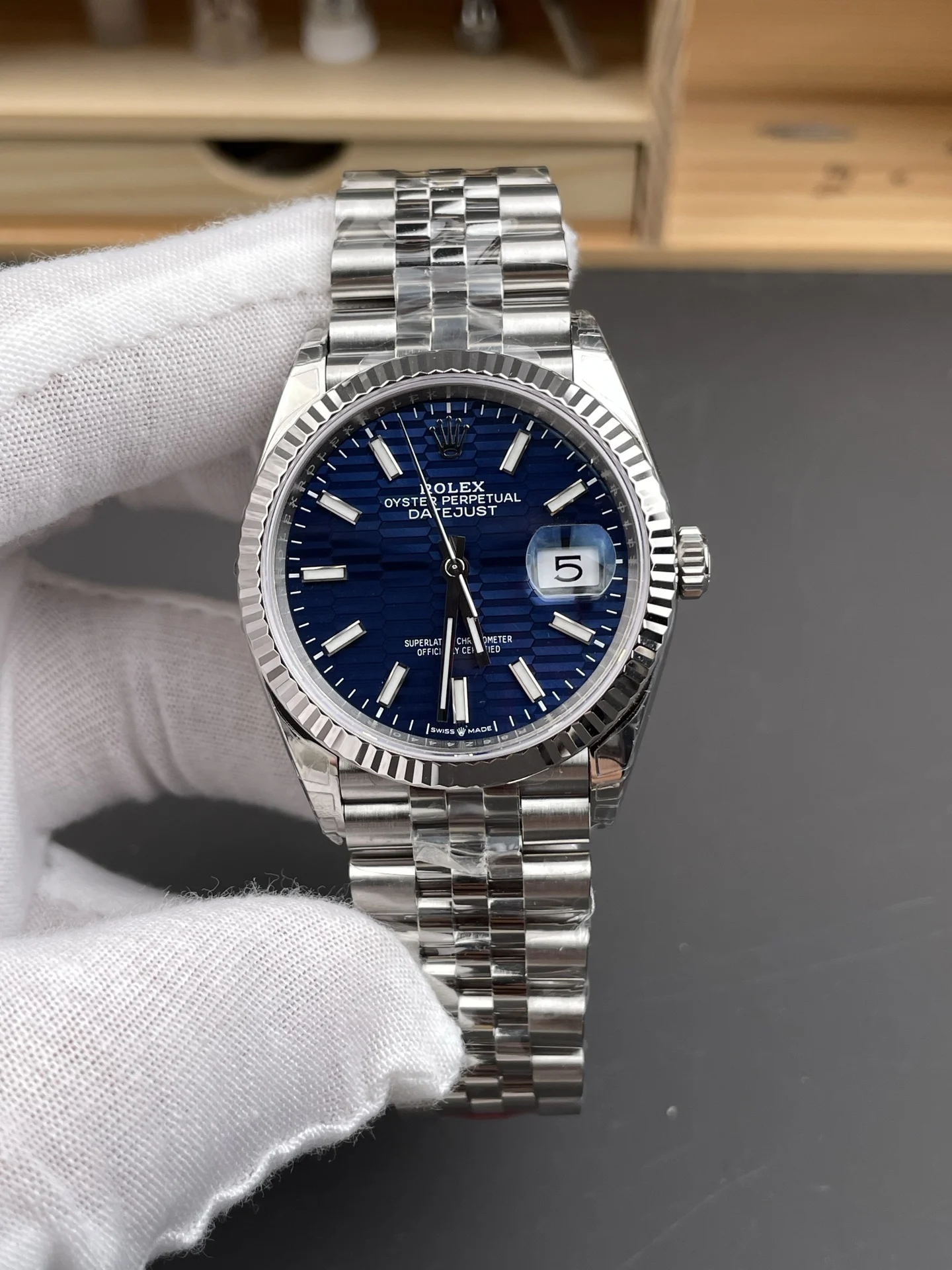 Rolex Datejust Blue Dial 36mm — photographed off the sweep