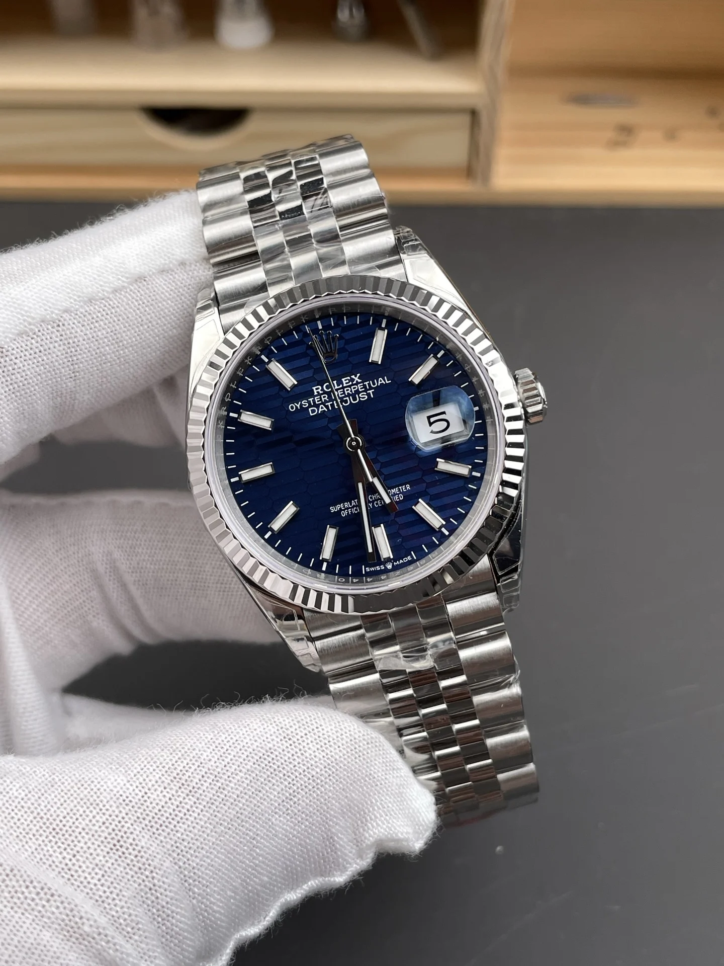 Rolex Datejust Blue Dial 36mm — photographed off the sweep