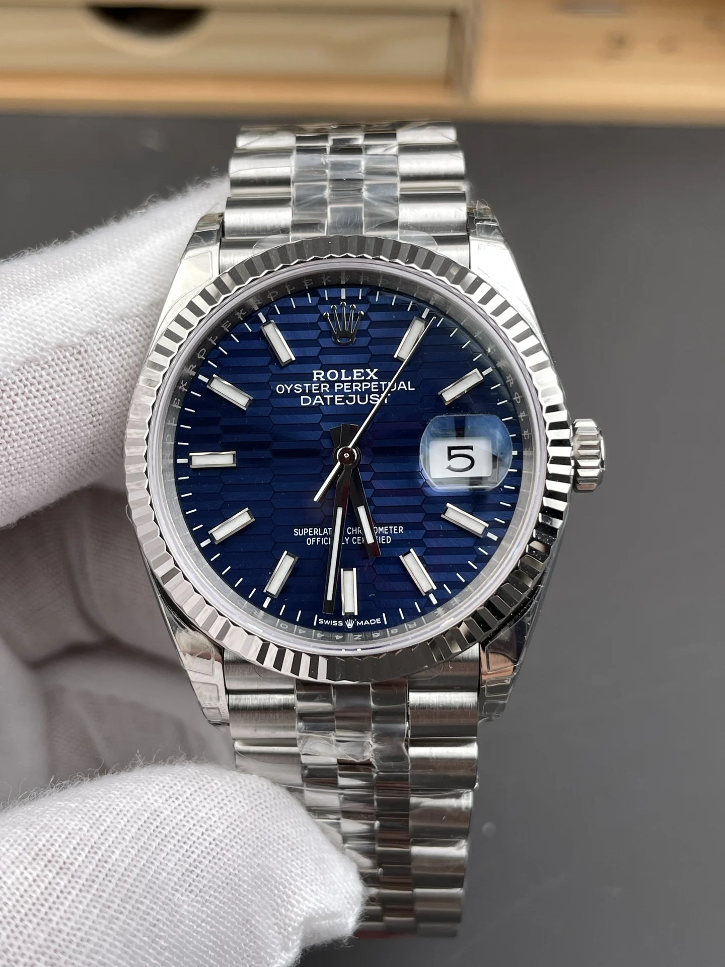 Rolex Datejust Blue Dial 36mm — photographed off the sweep