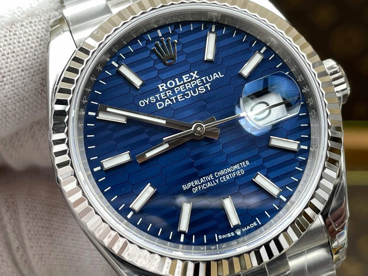 Rolex Datejust Blue Dial 36mm — photographed off the sweep