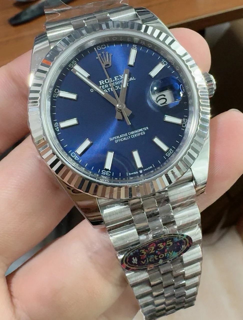 Rolex Datejust Blue Dial 41mm — photographed off the sweep