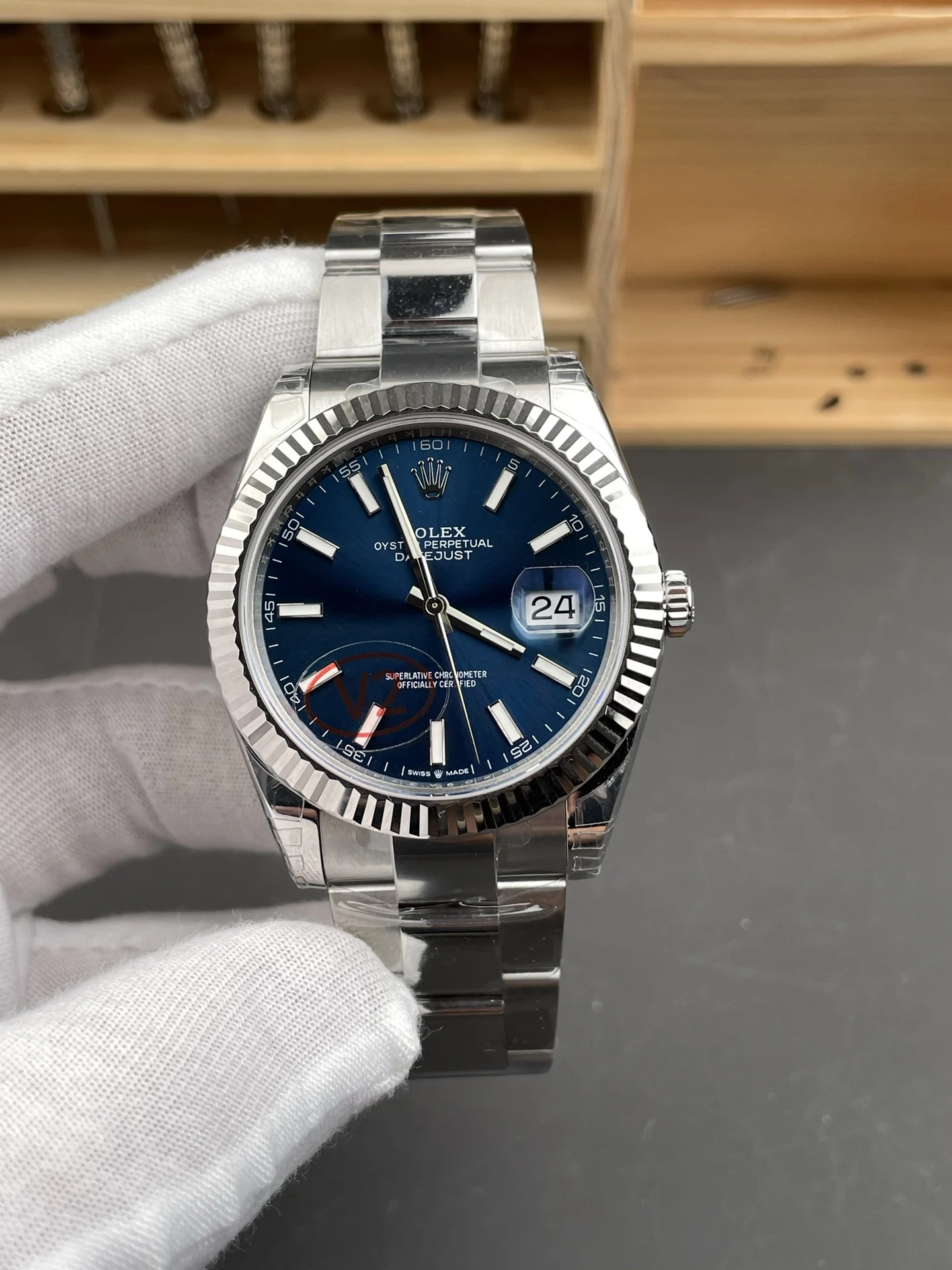Rolex Datejust Blue Dial 41mm — photographed off the sweep