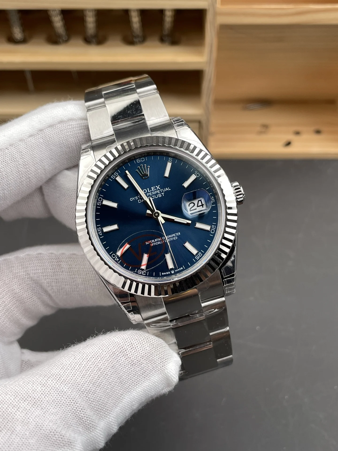 Rolex Datejust Blue Dial 41mm — photographed off the sweep