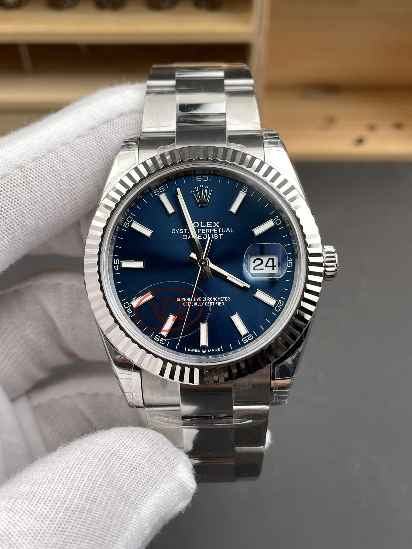 Rolex Datejust Blue Dial 41mm — photographed off the sweep