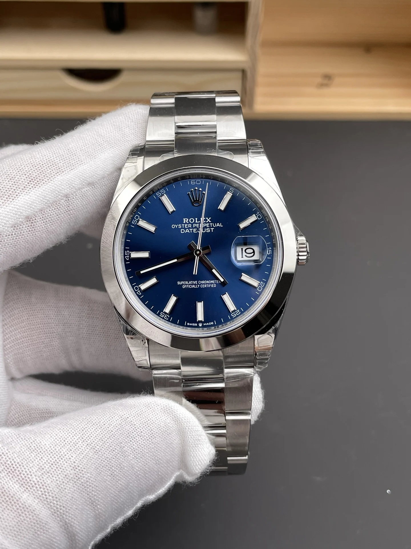 Rolex Datejust Blue Dial 41mm — photographed off the sweep