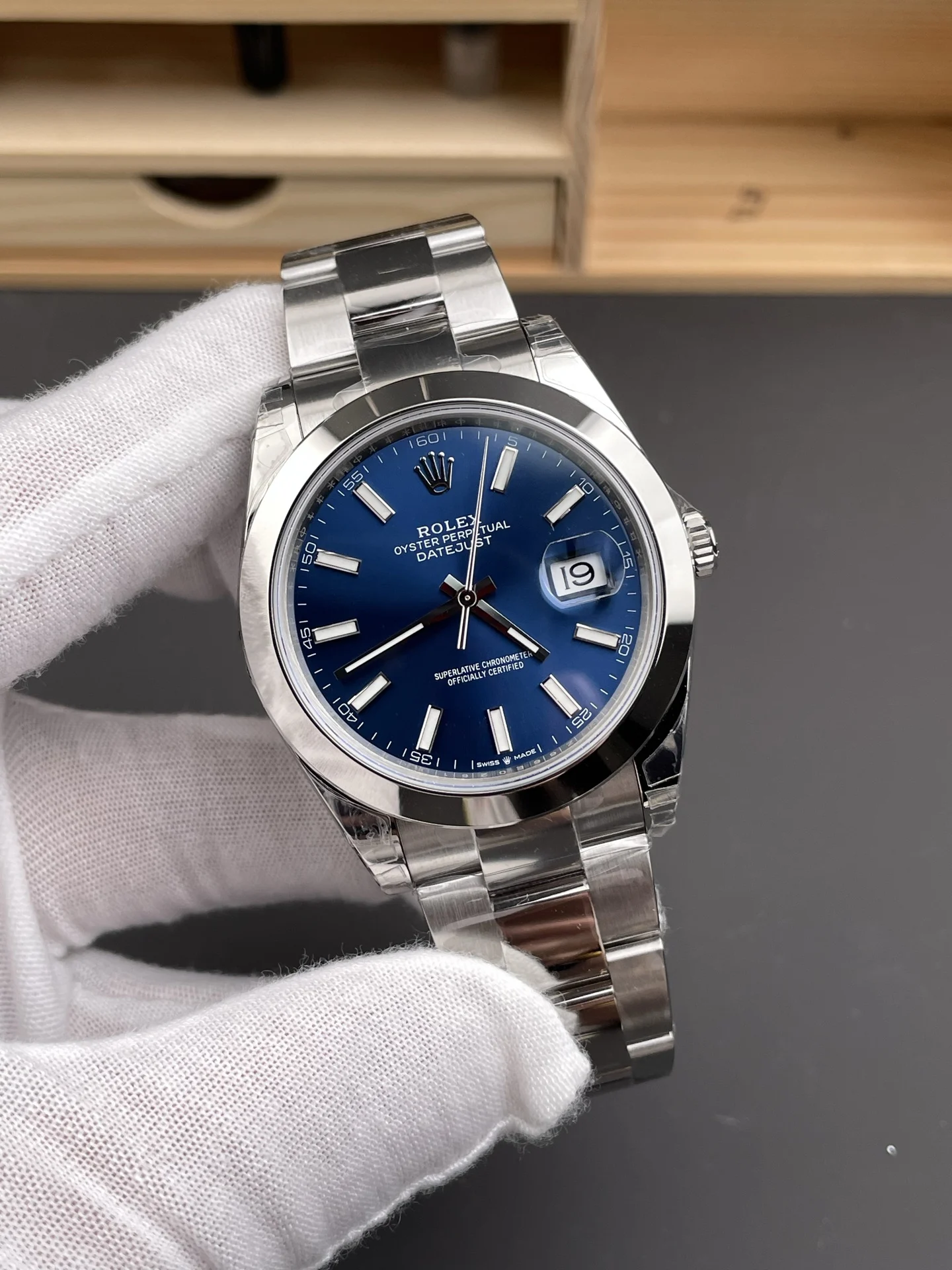 Rolex Datejust Blue Dial 41mm — photographed off the sweep