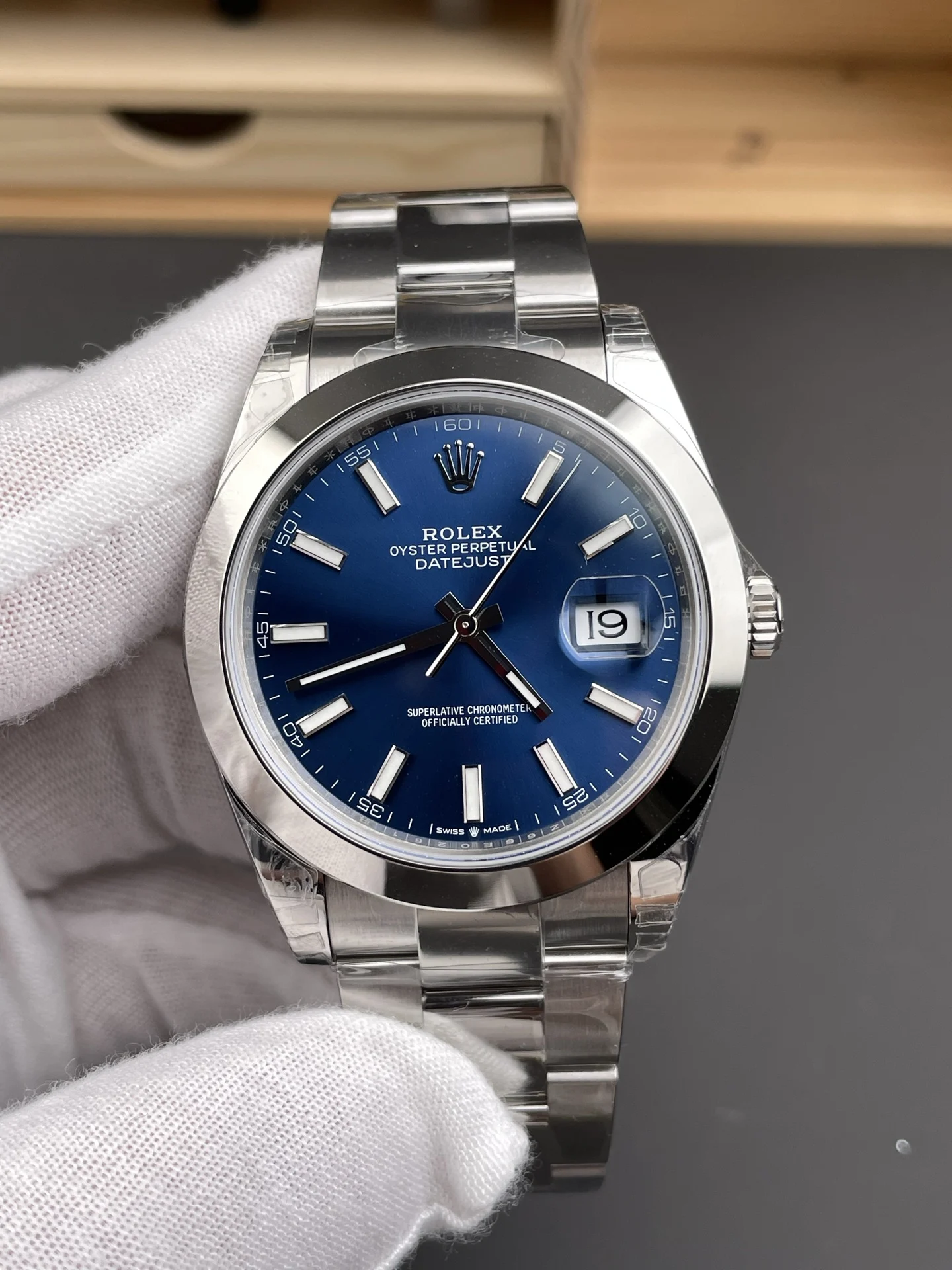Rolex Datejust Blue Dial 41mm — photographed off the sweep