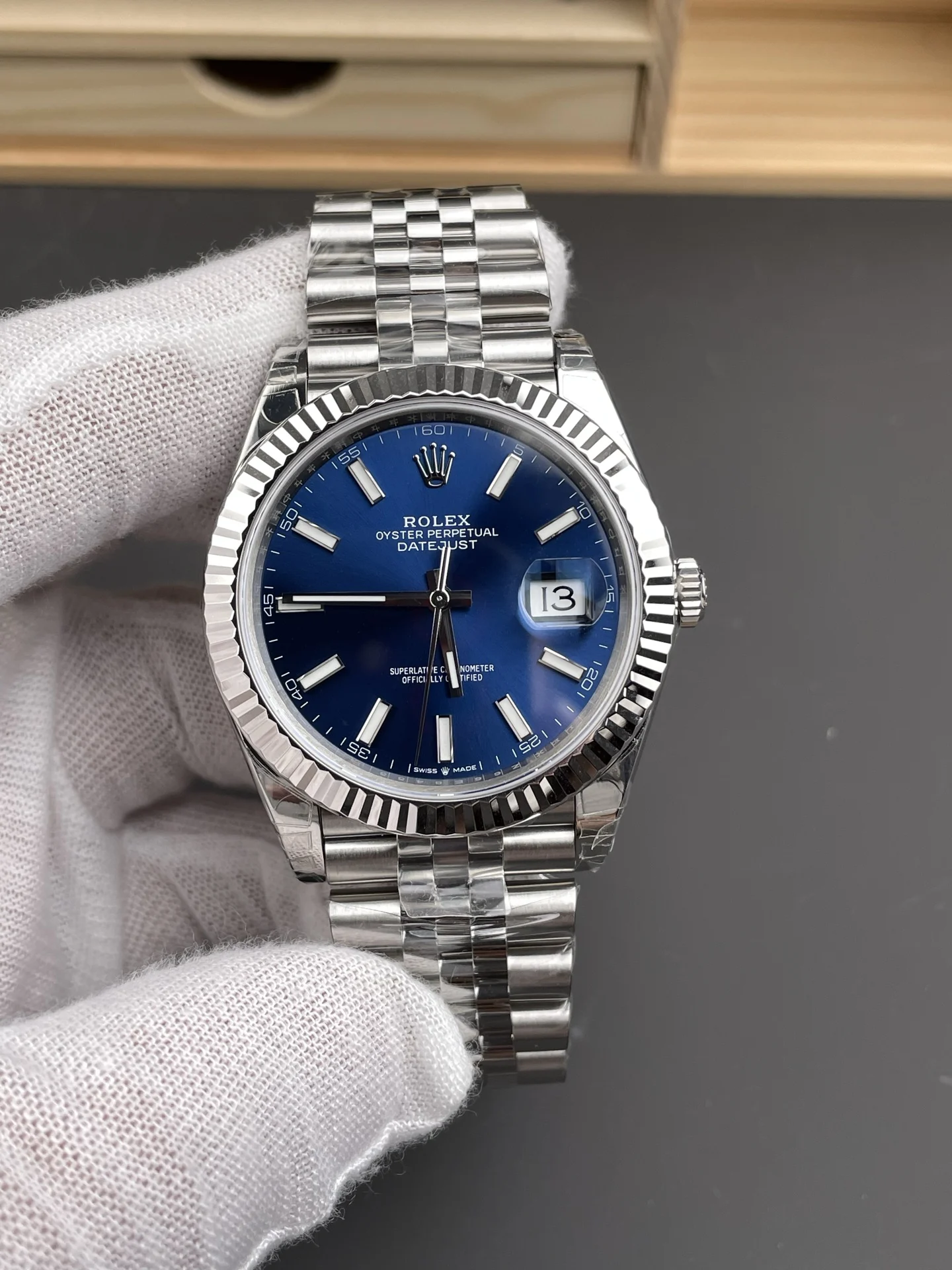 Rolex Datejust Blue Dial 41mm — photographed off the sweep