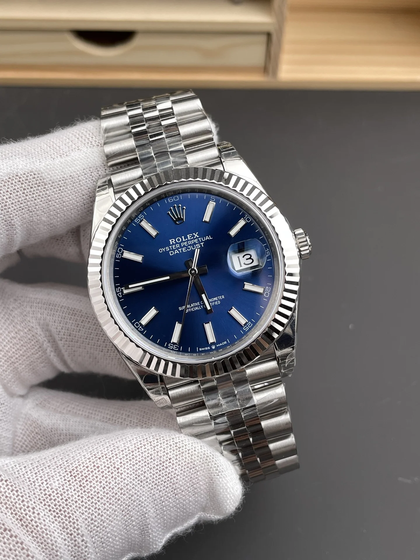 Rolex Datejust Blue Dial 41mm — photographed off the sweep
