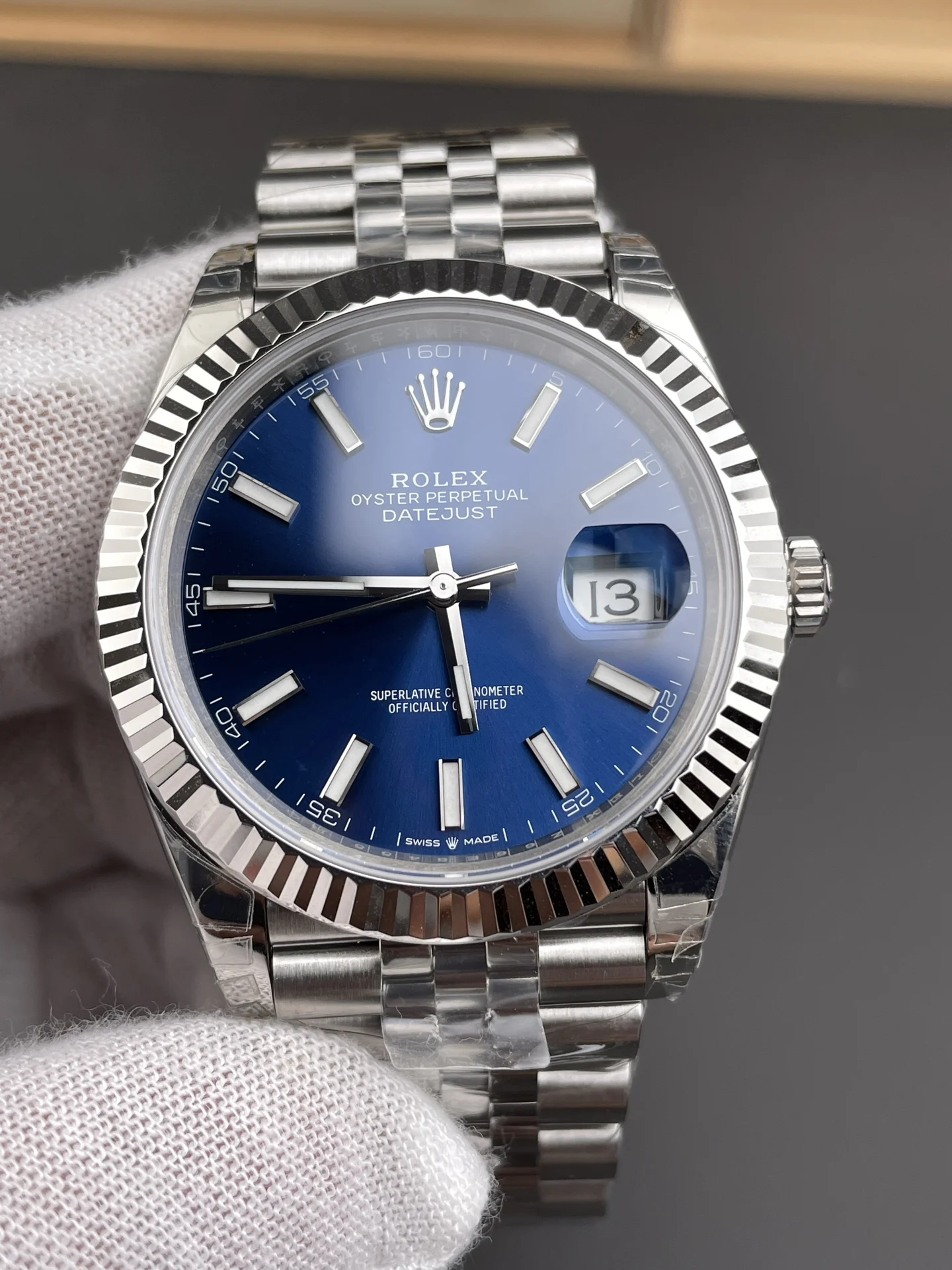 Rolex Datejust Blue Dial 41mm — photographed off the sweep