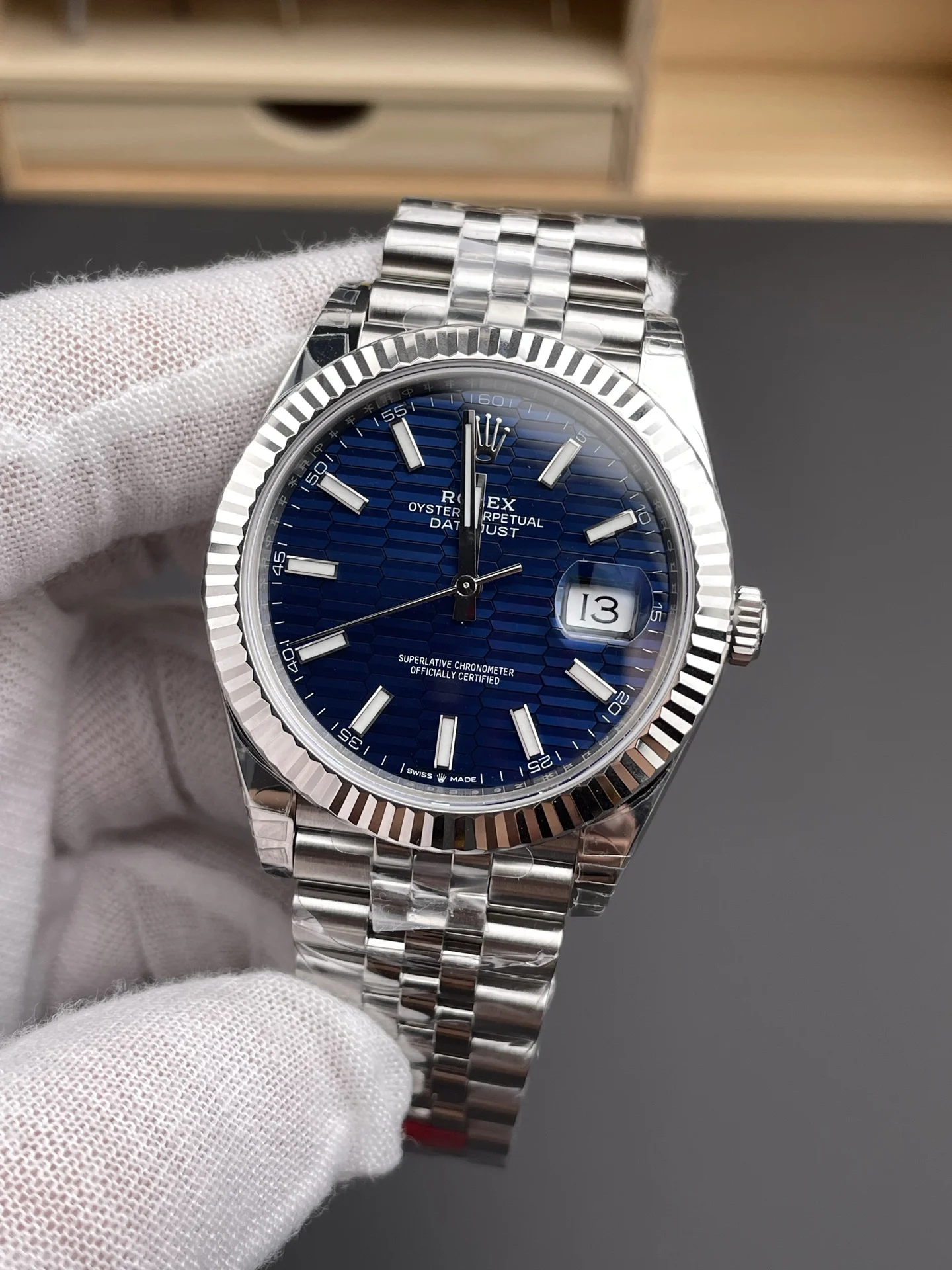 Rolex Datejust Blue Dial 41mm — photographed off the sweep
