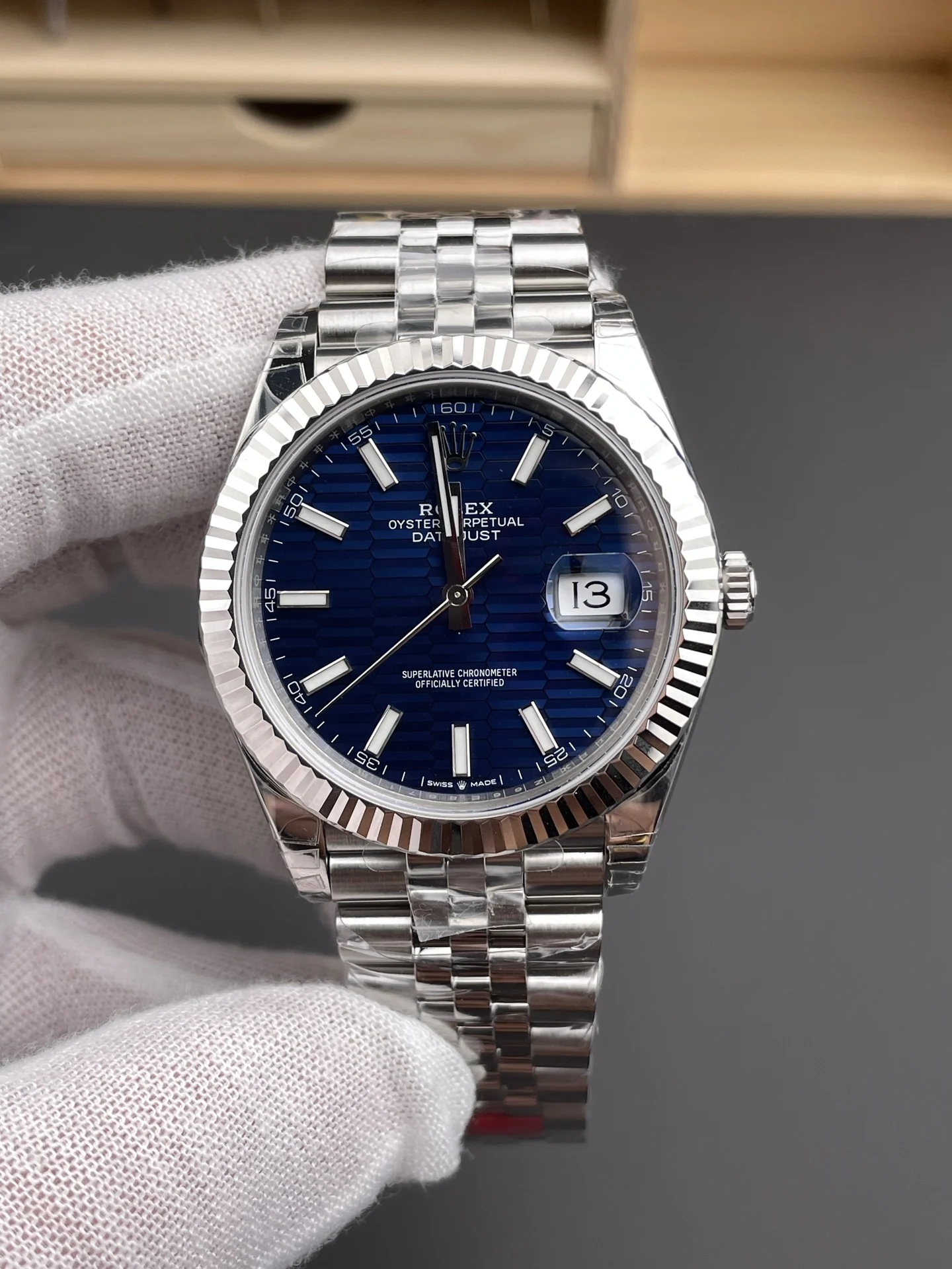 Rolex Datejust Blue Dial 41mm — photographed off the sweep