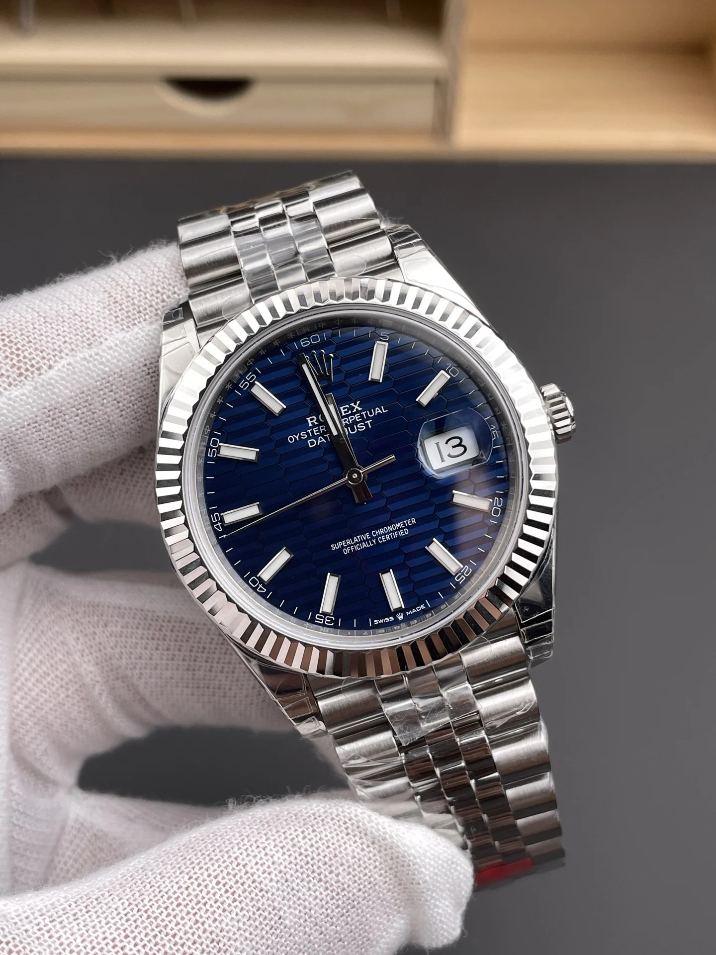 Rolex Datejust Blue Dial 41mm — photographed off the sweep