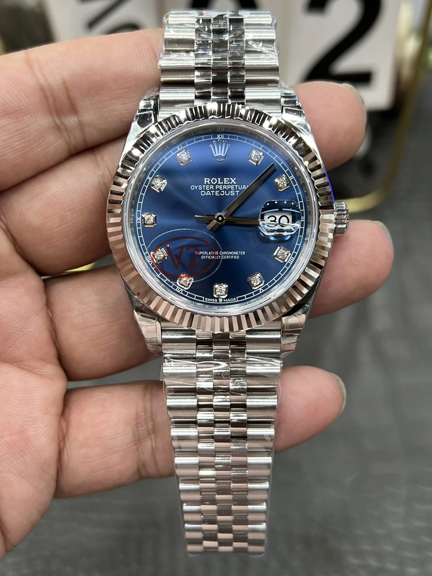 Rolex Datejust Blue Dial 41mm — photographed off the sweep