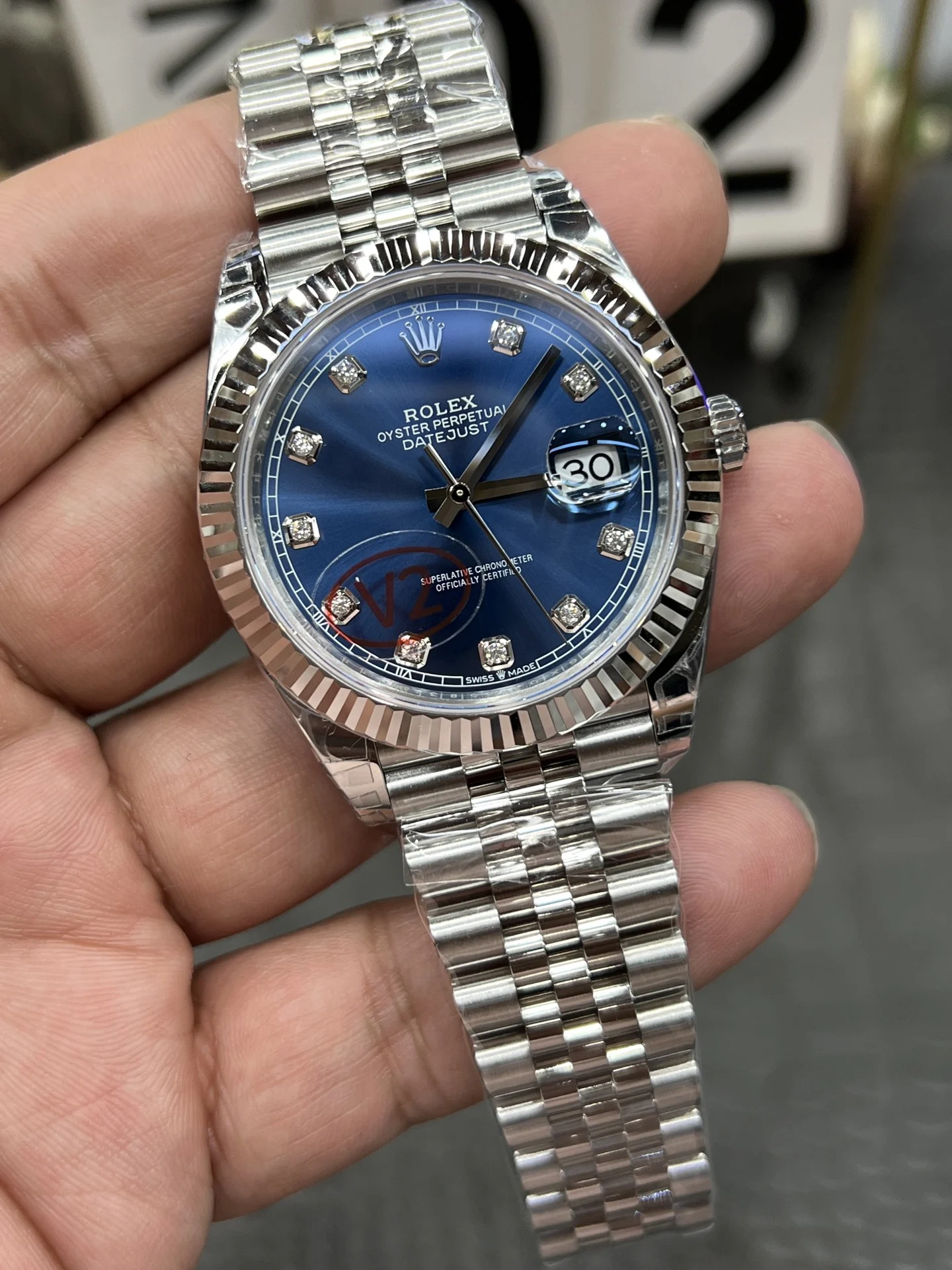Rolex Datejust Blue Dial 41mm — photographed off the sweep