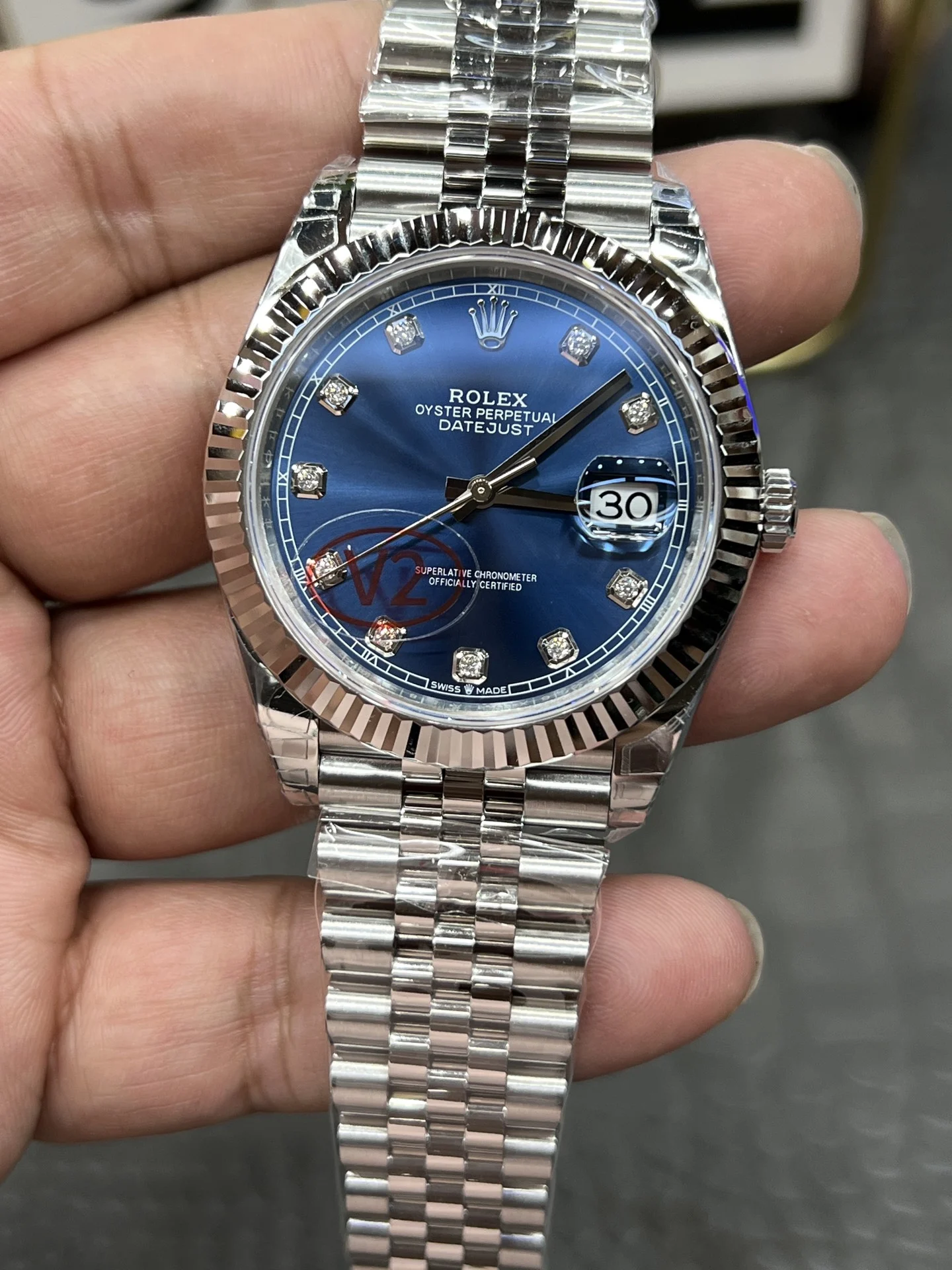 Rolex Datejust Blue Dial 41mm — photographed off the sweep