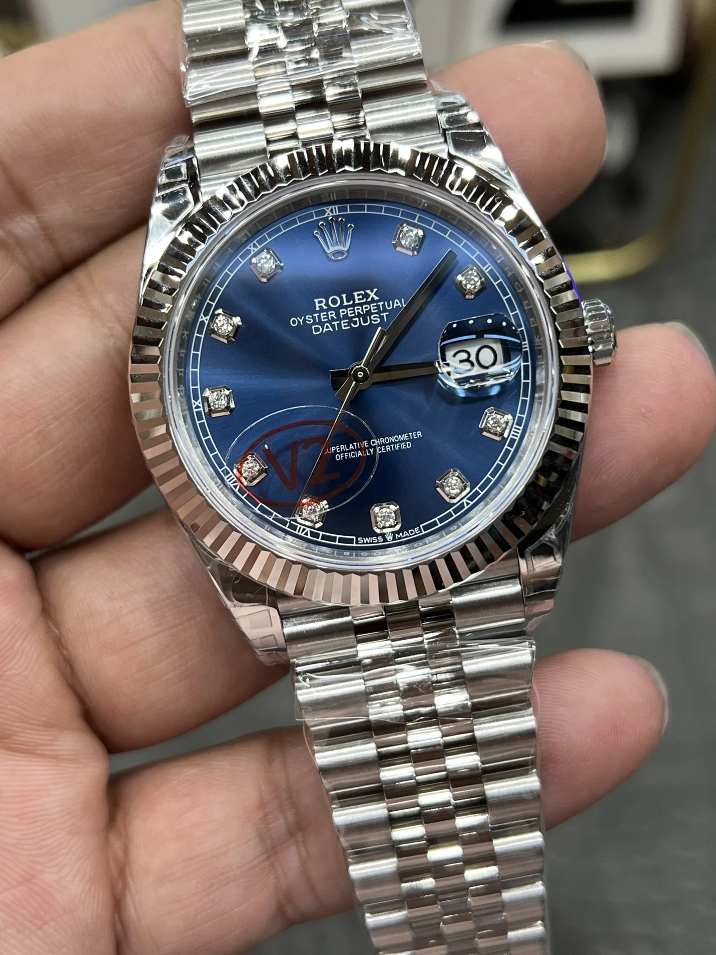 Rolex Datejust Blue Dial 41mm — photographed off the sweep